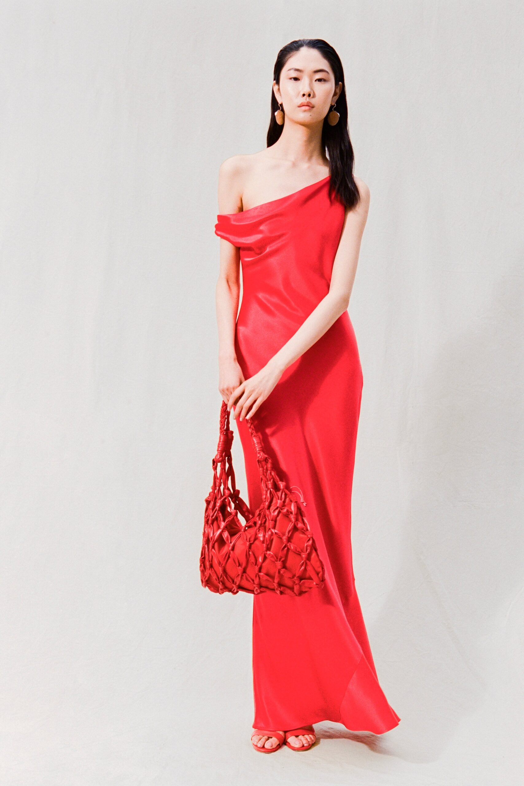 red silk off-shoulder gown