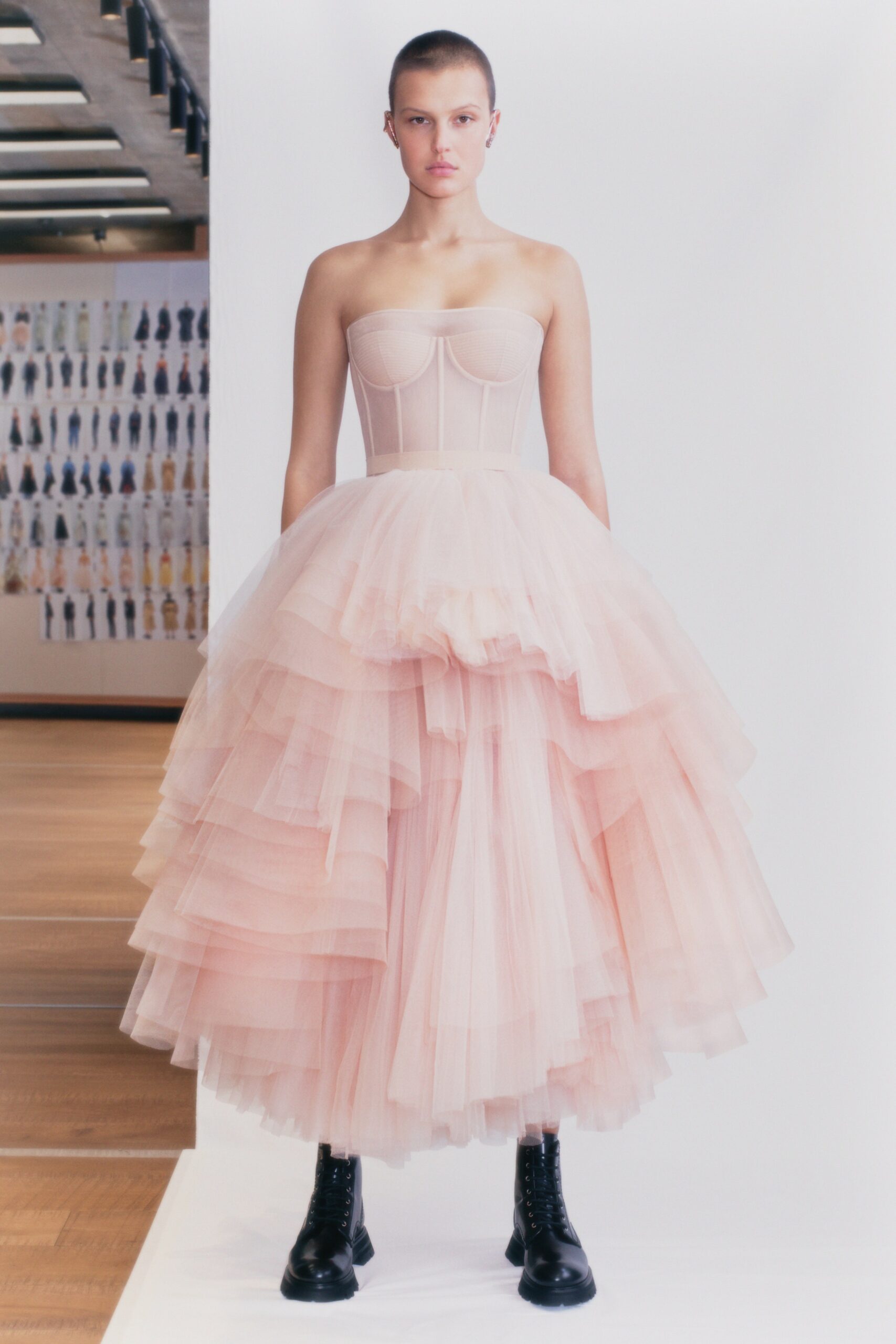 pink tiered gown with corset