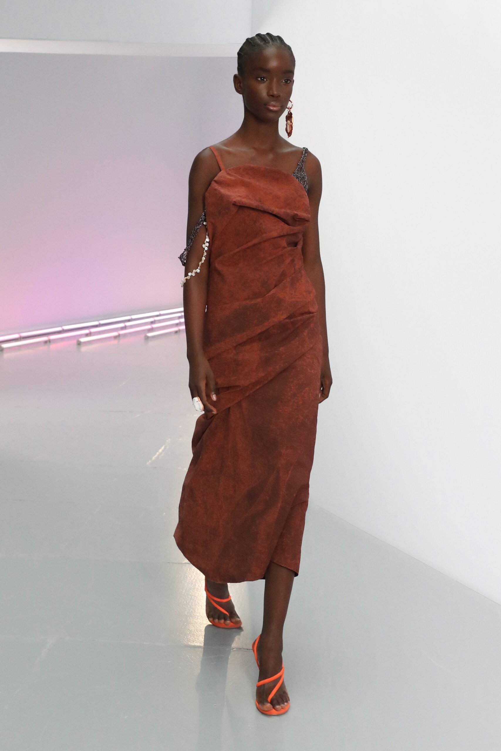brown silk draped midi dress