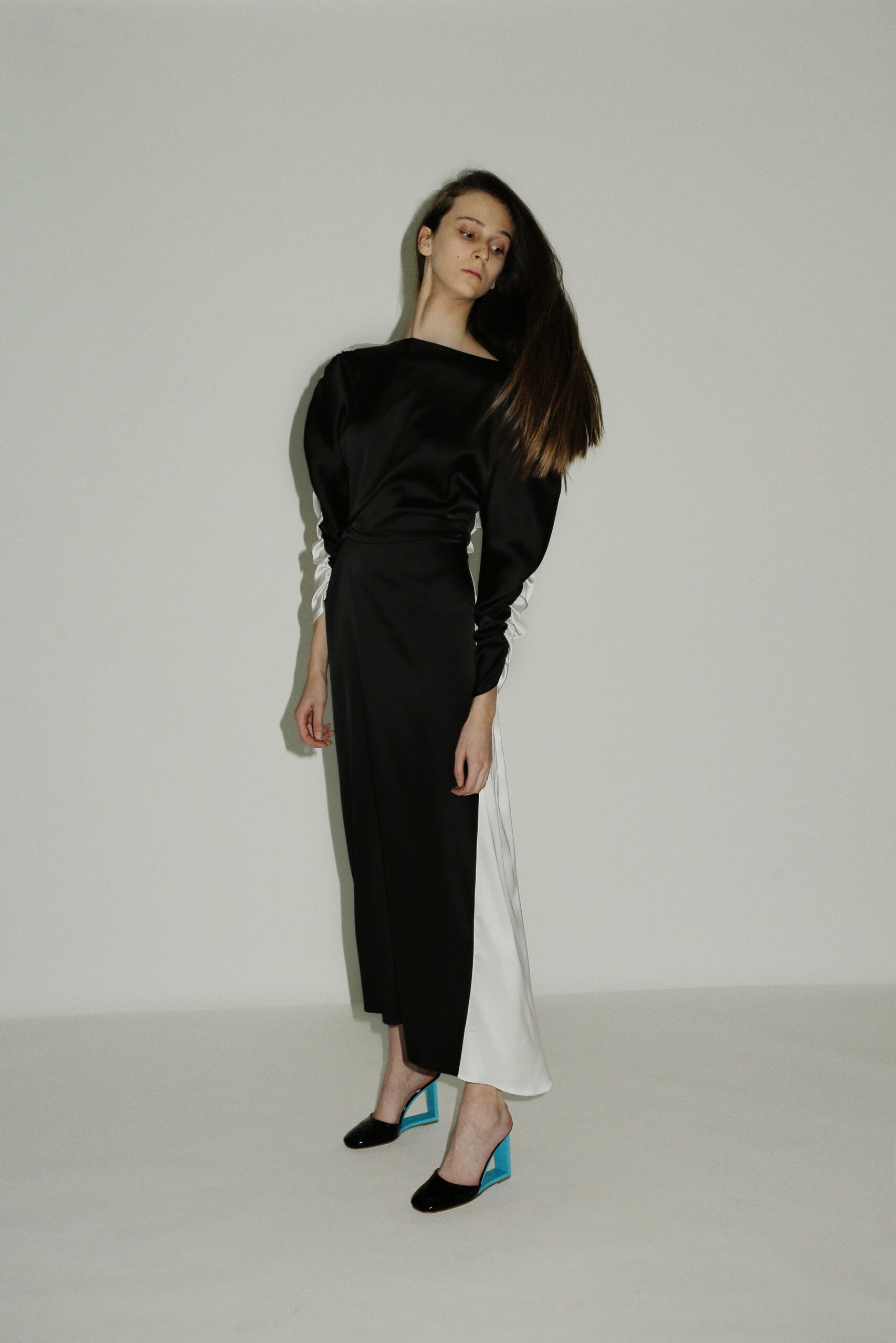 black and white silk midi dress