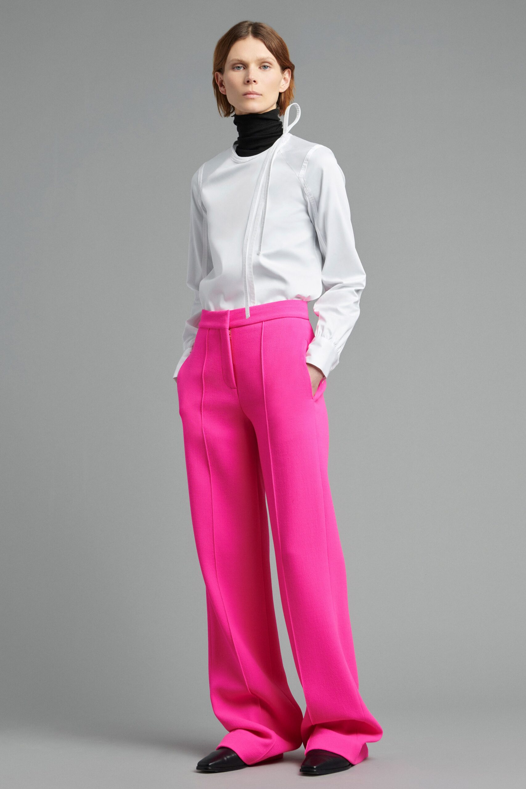 white silk long-sleeve high-neck fitted buttoned shirt