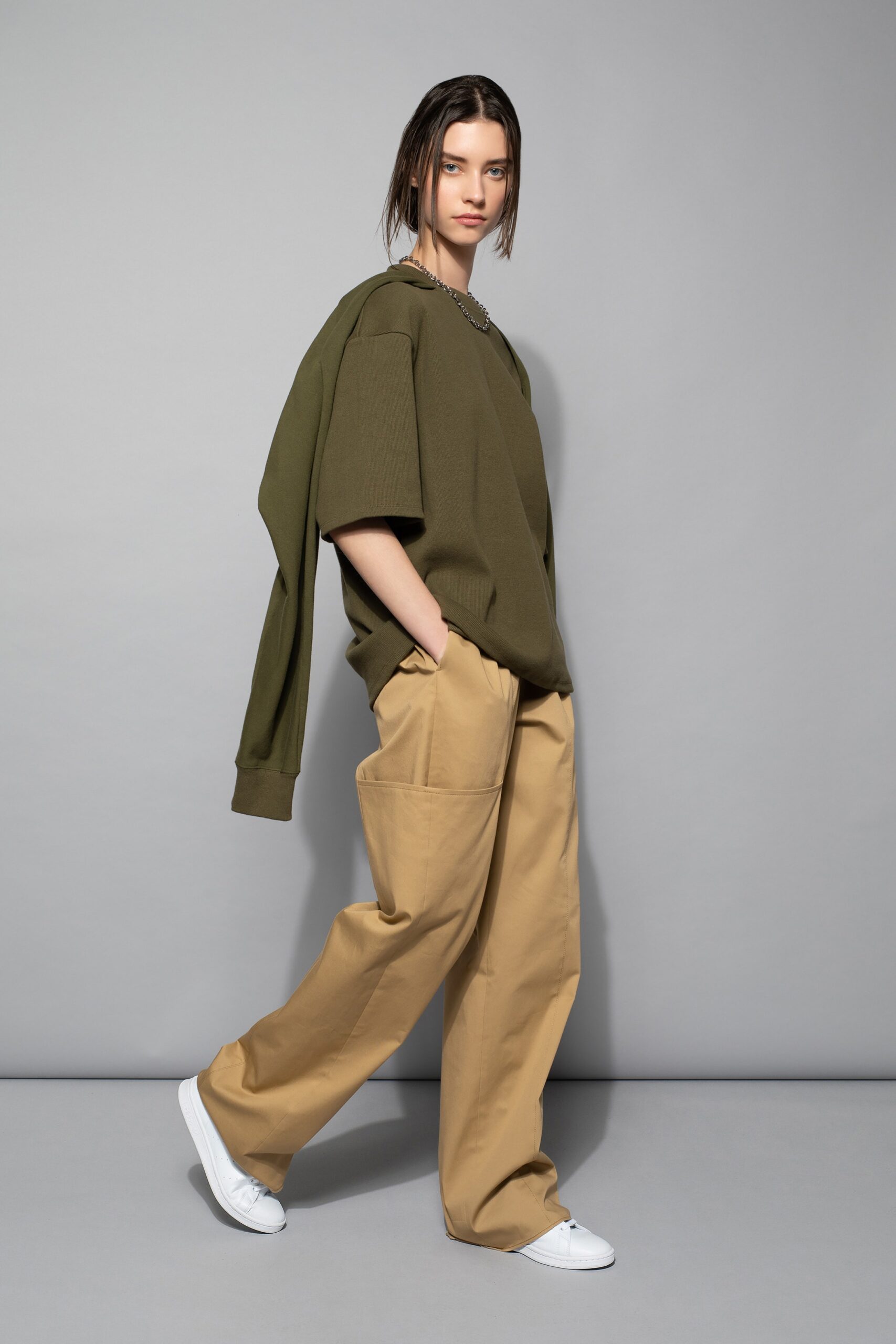 green cotton short-sleeve oversized draped top