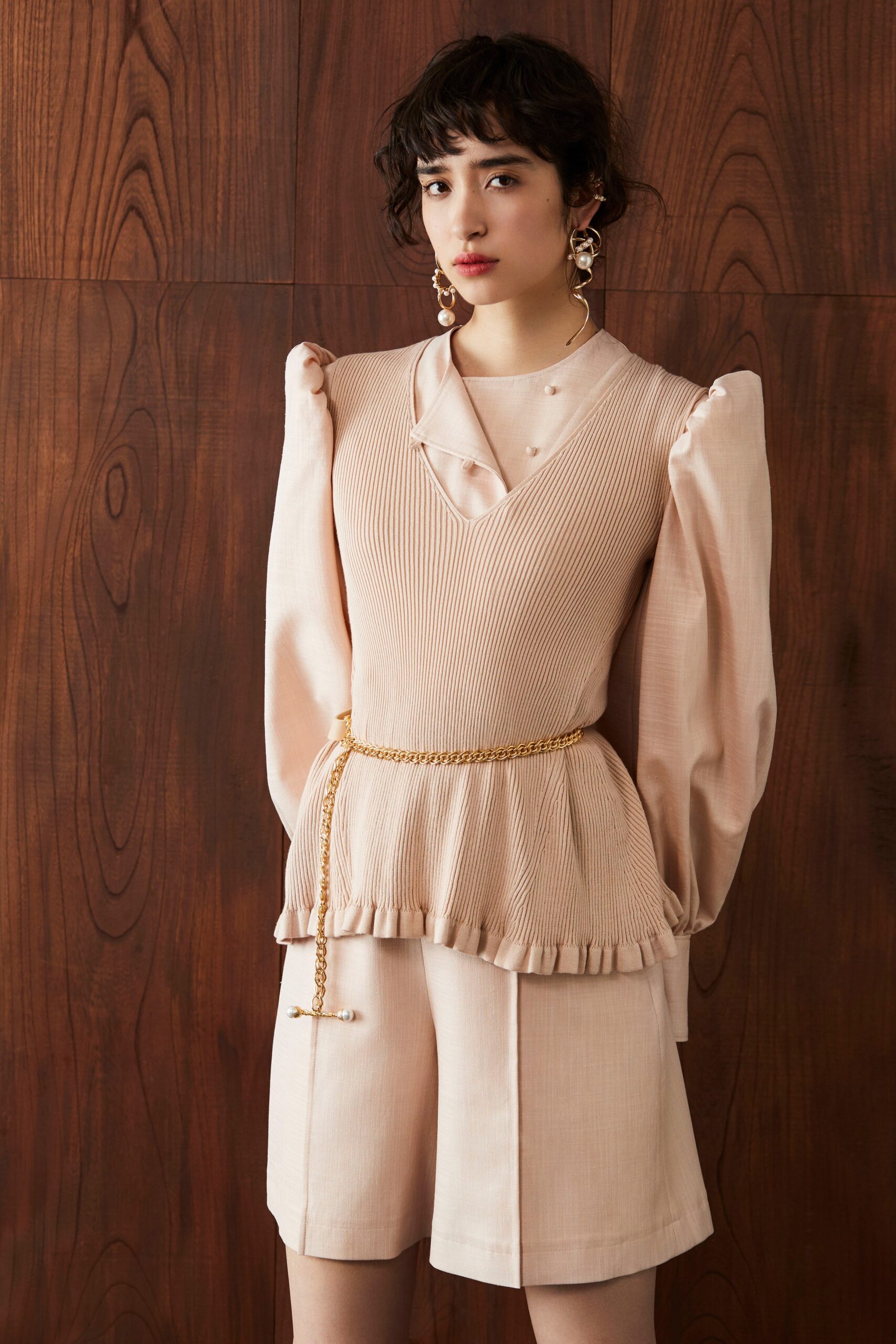 beige fitted top with shorts