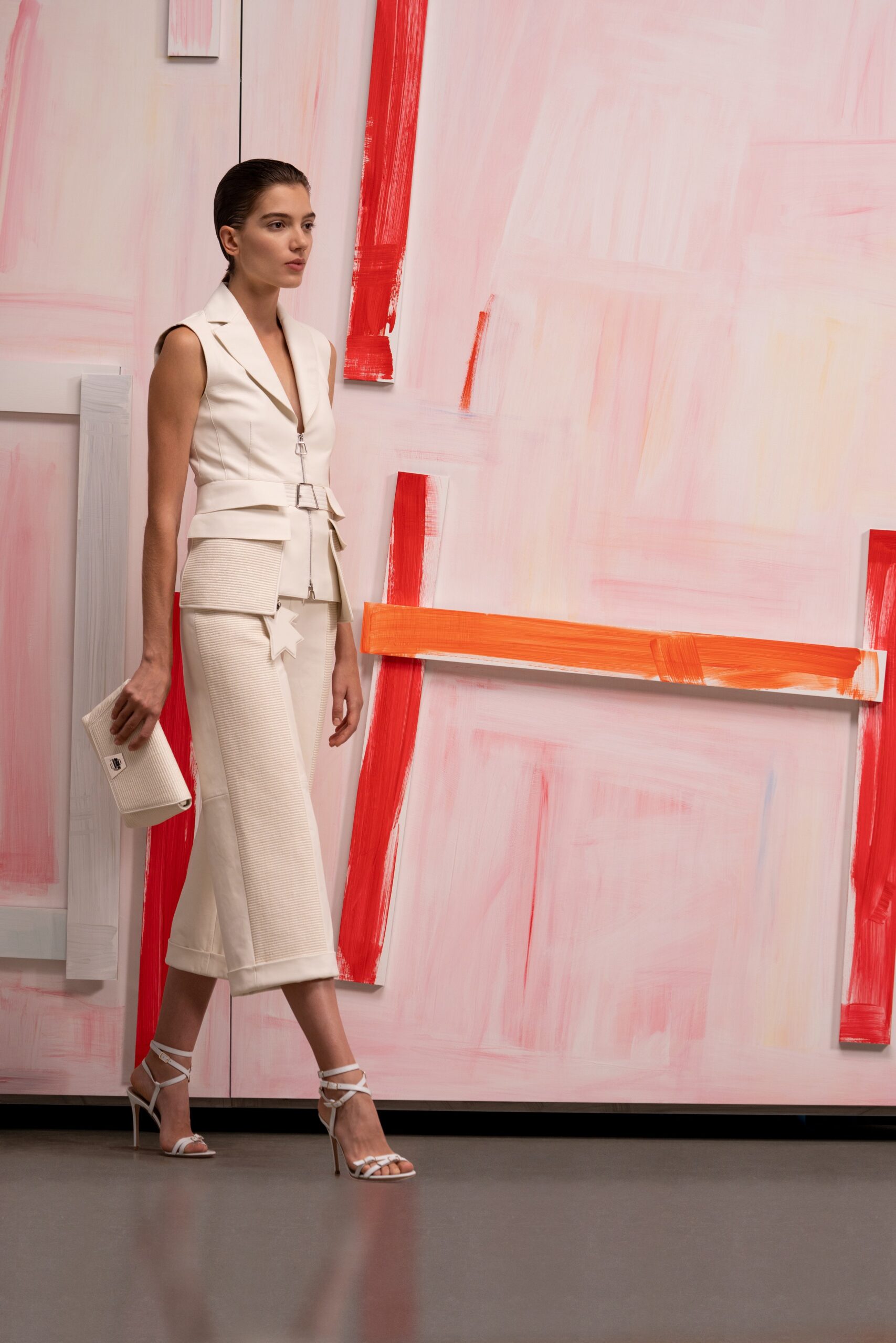 white fitted blazer and beige midi skirt
