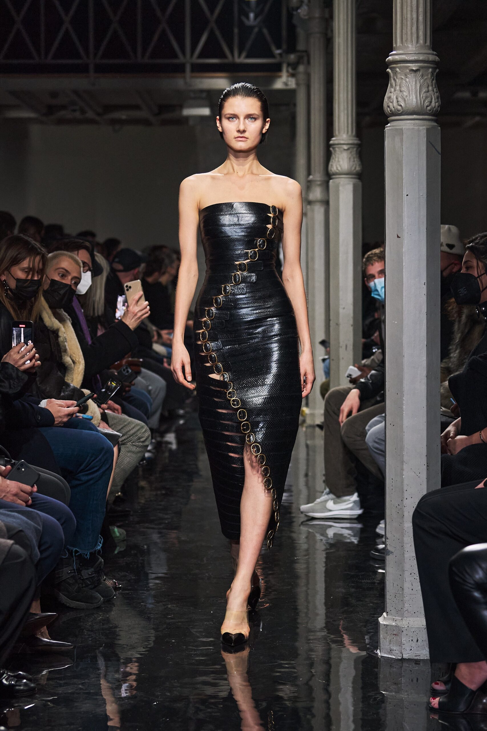 black leather strapless dress