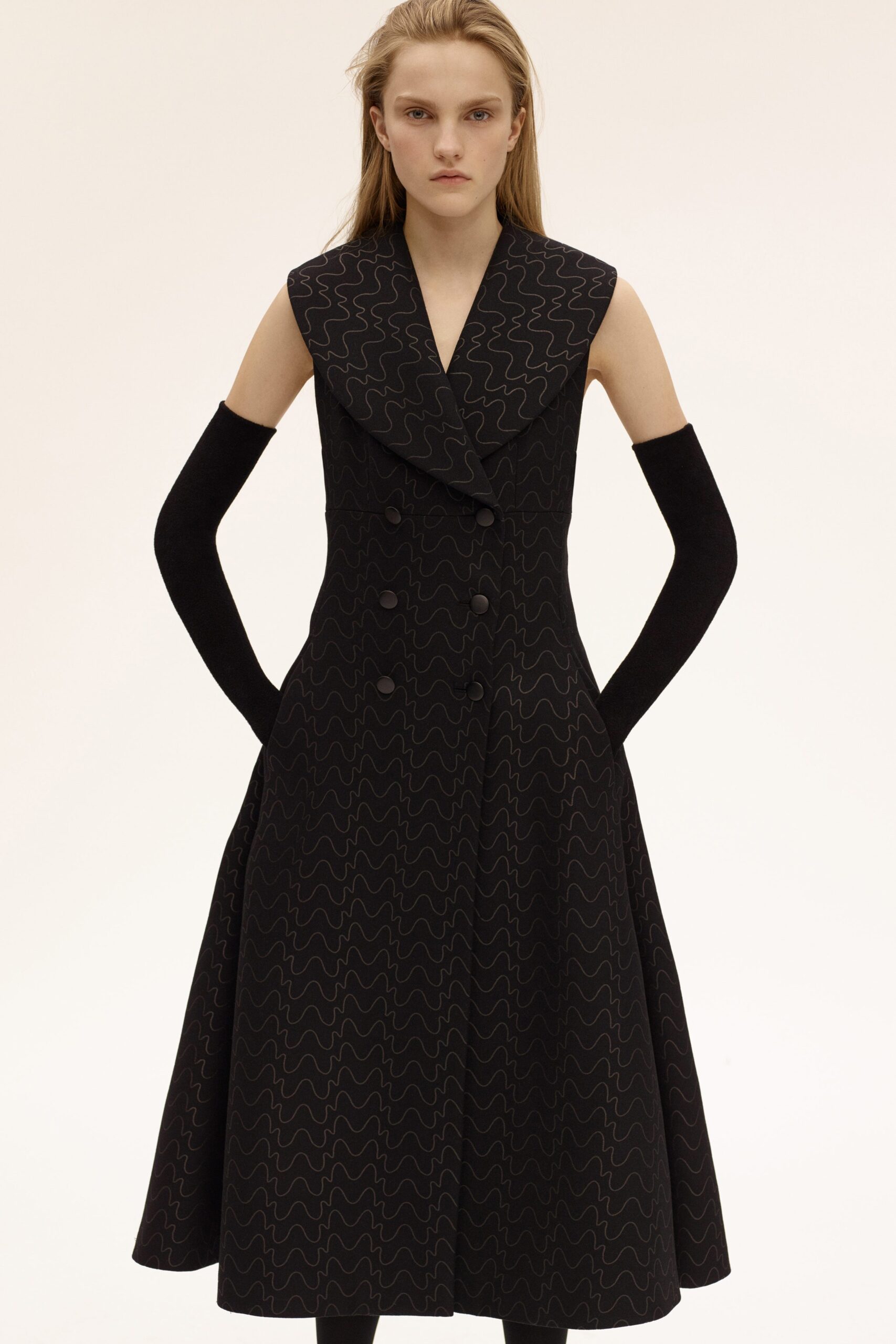 black cotton sleeveless collared fitted flared midi dress