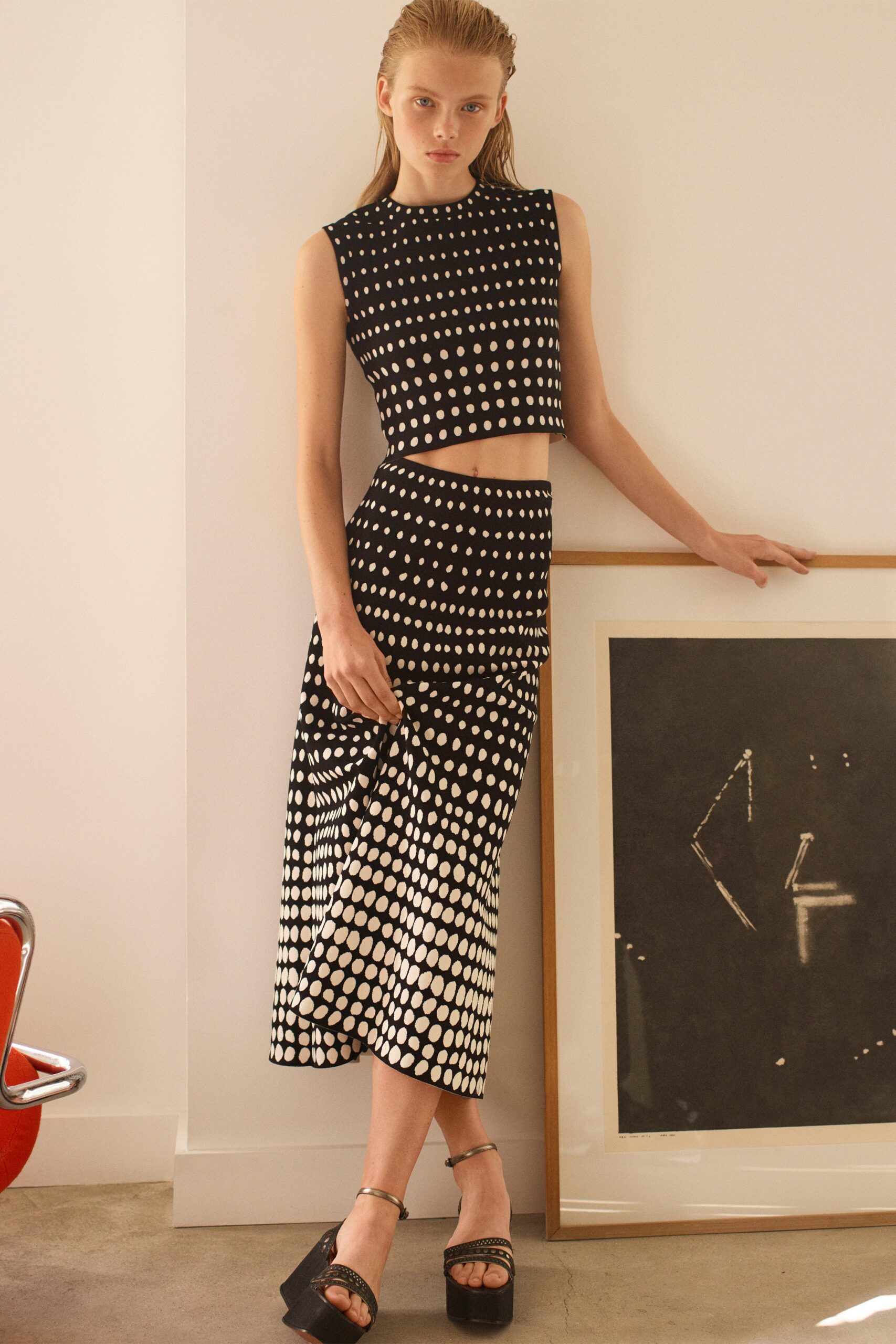 black and white polka-dot outfit