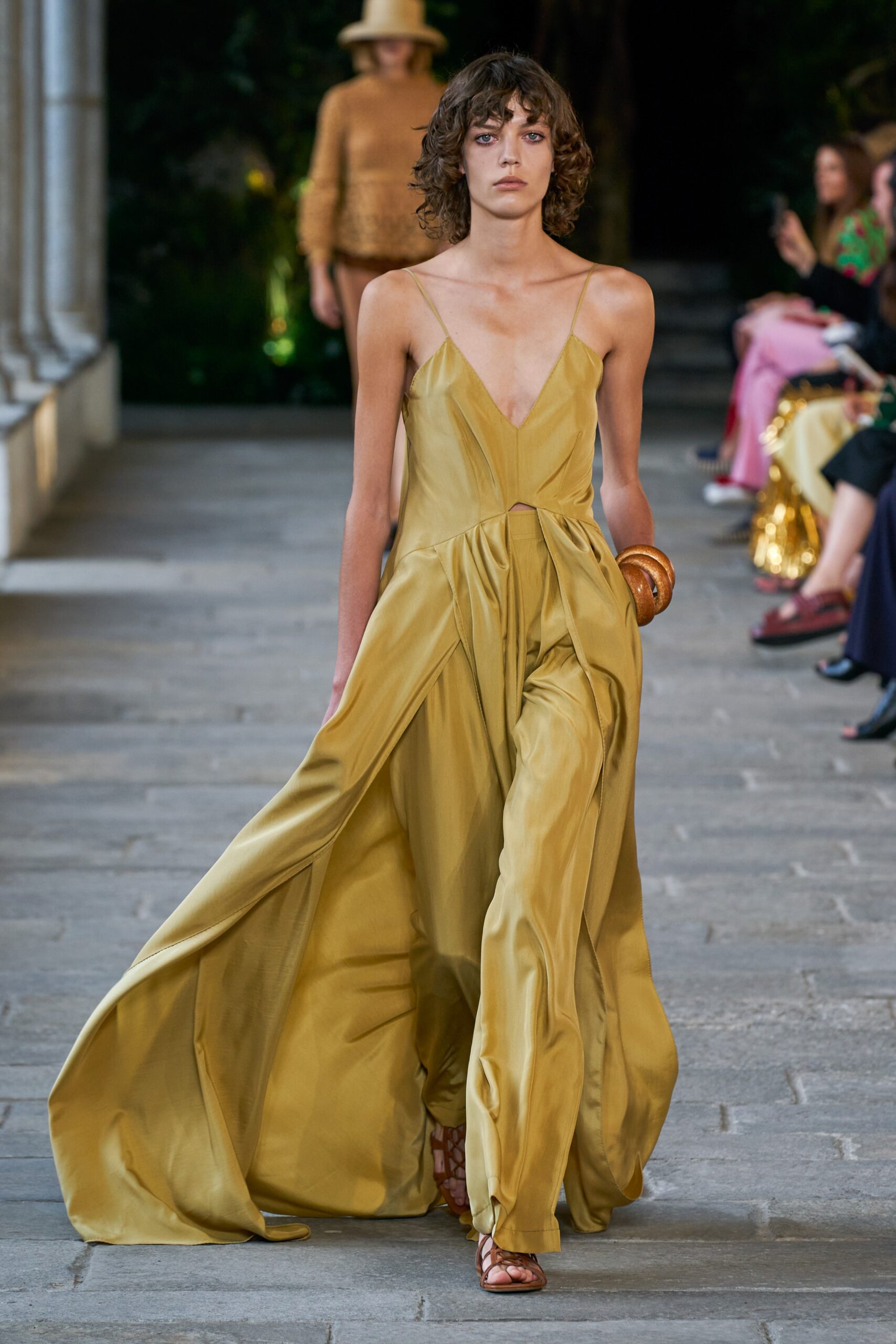 fitted yellow silk dress