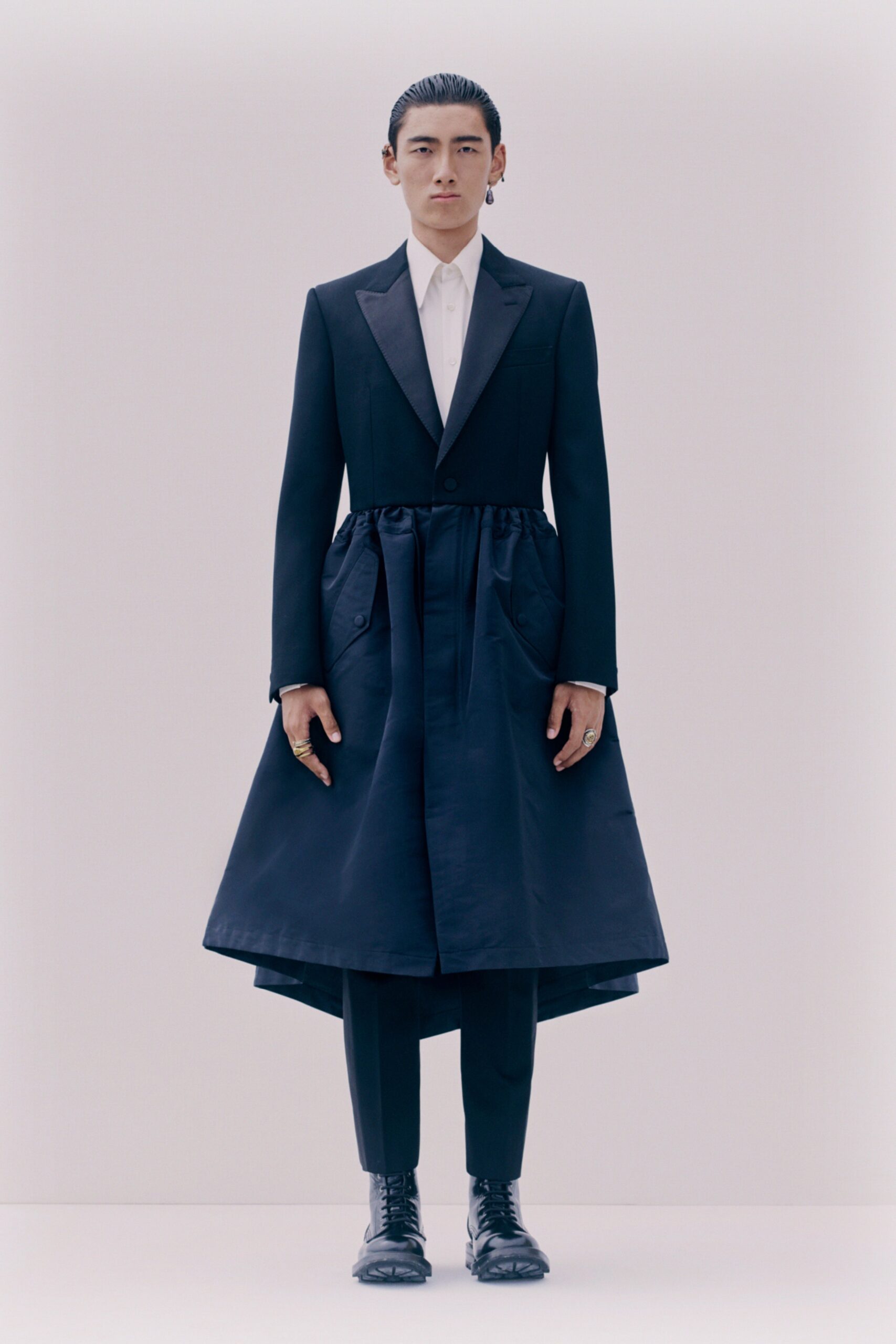 black silk coat with white shirt