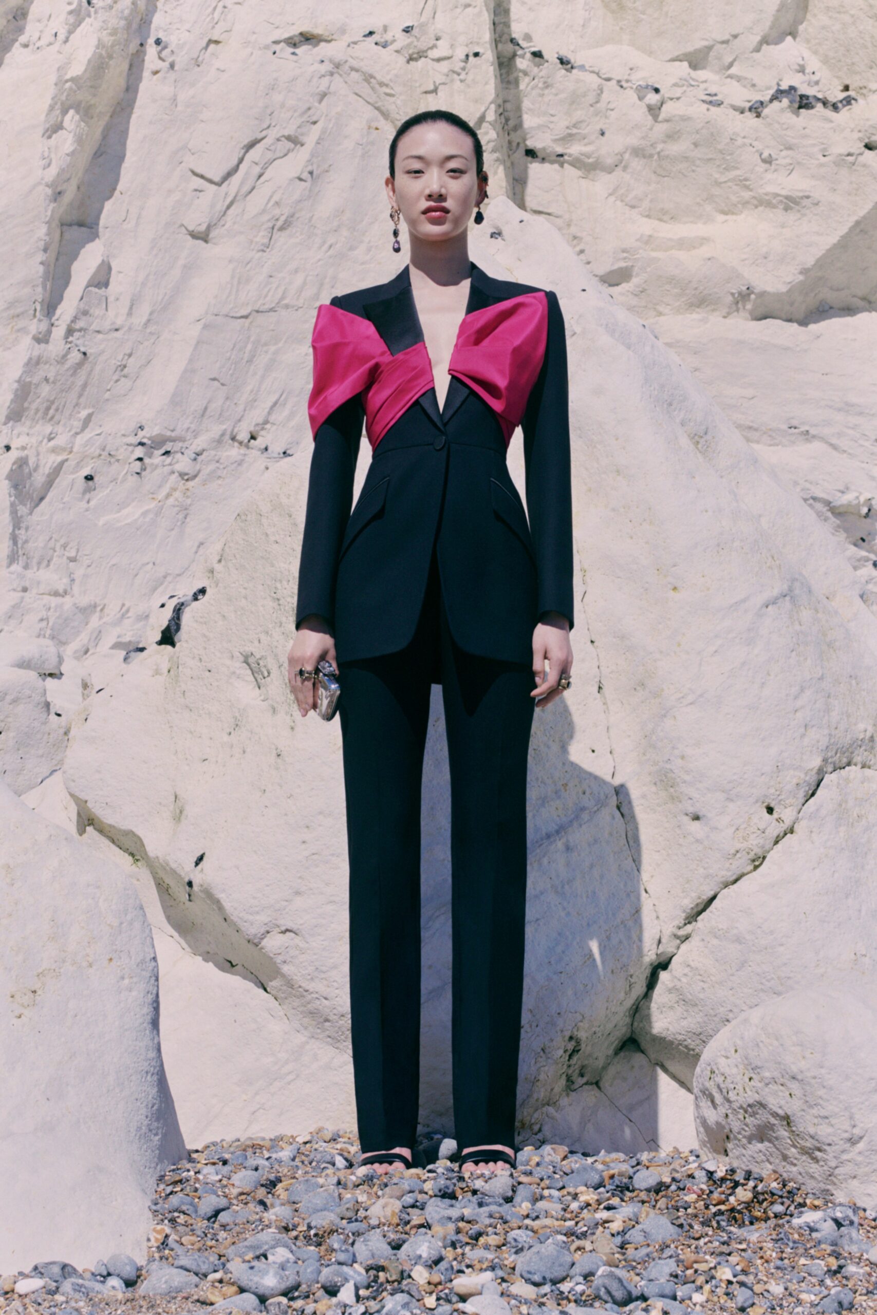 tailored black and pink suit