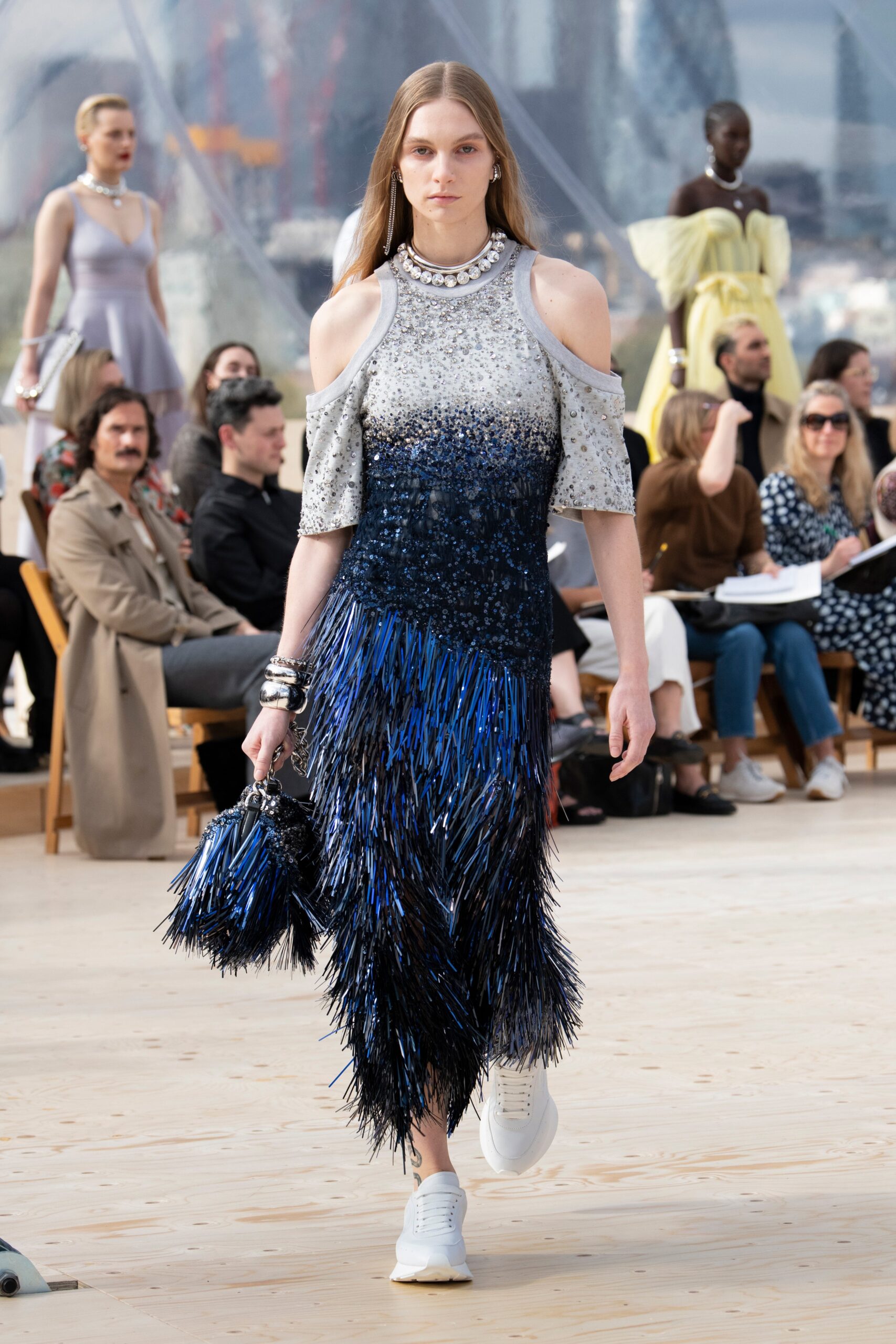 blue silver fringed midi dress