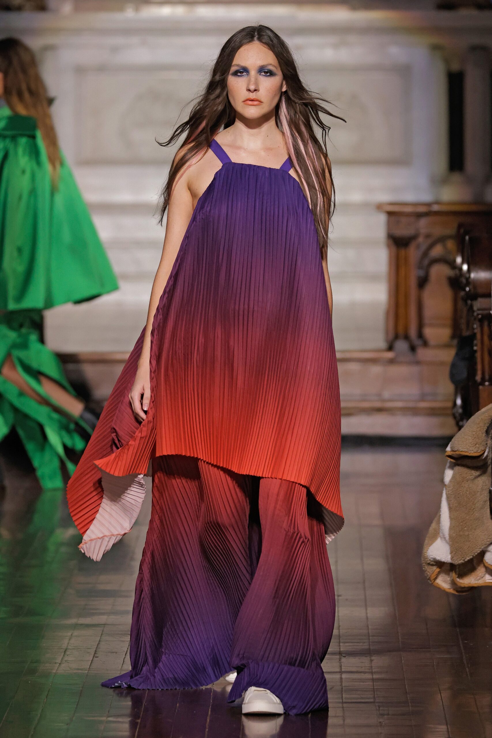 purple and red pleated maxi dress