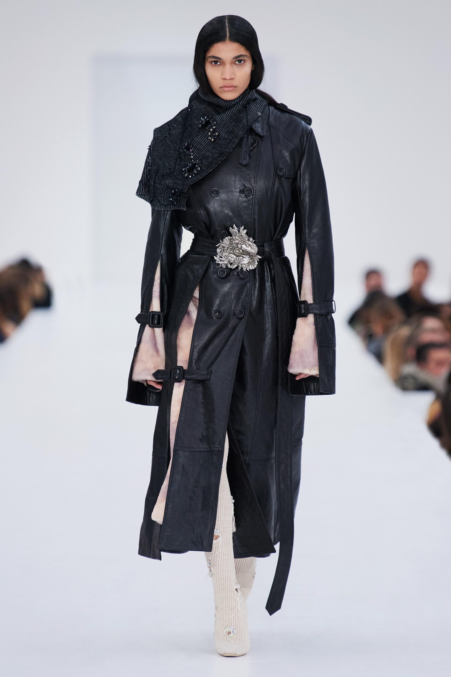 black leather trench coat with scarf
