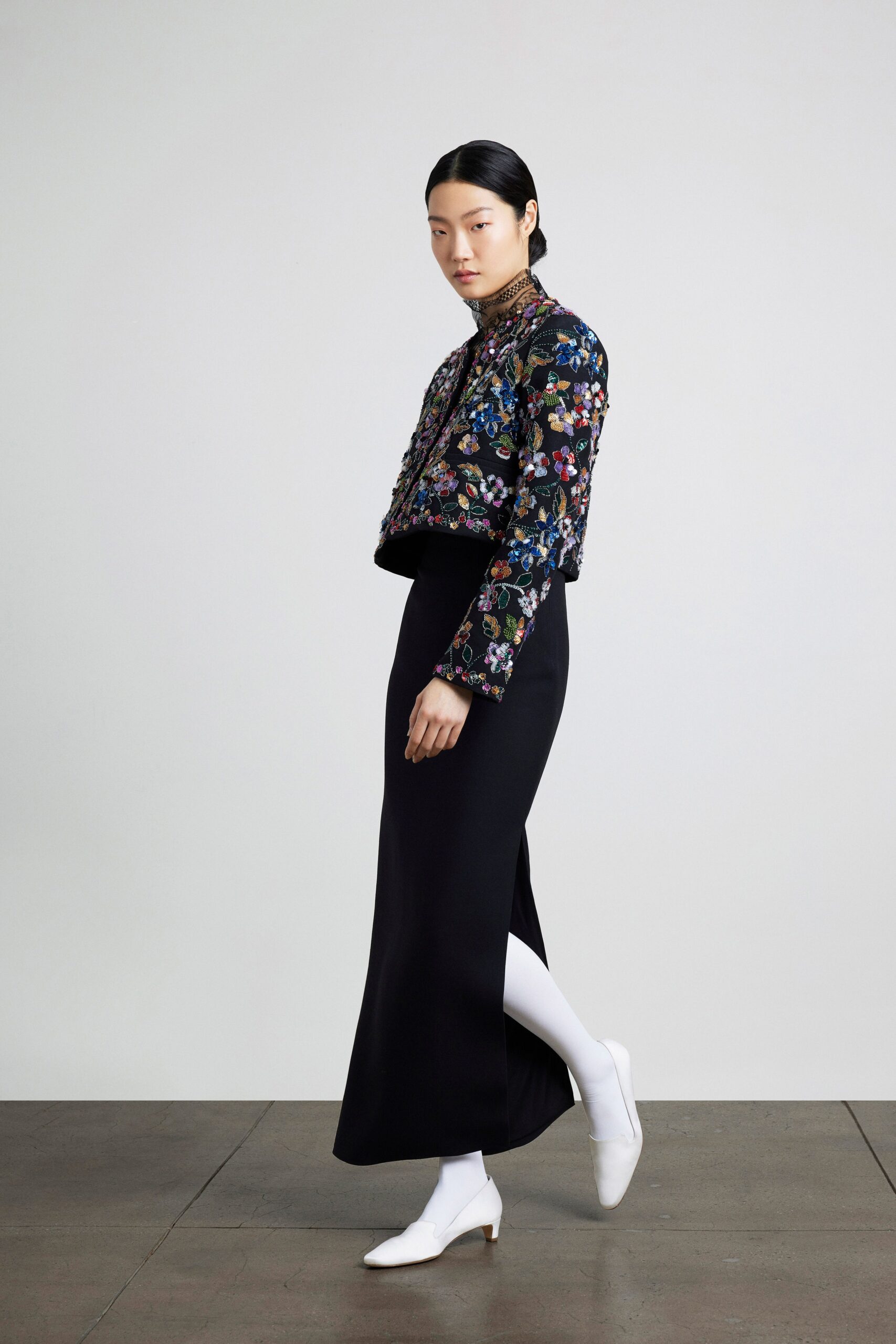 embroidered black jacket and dress