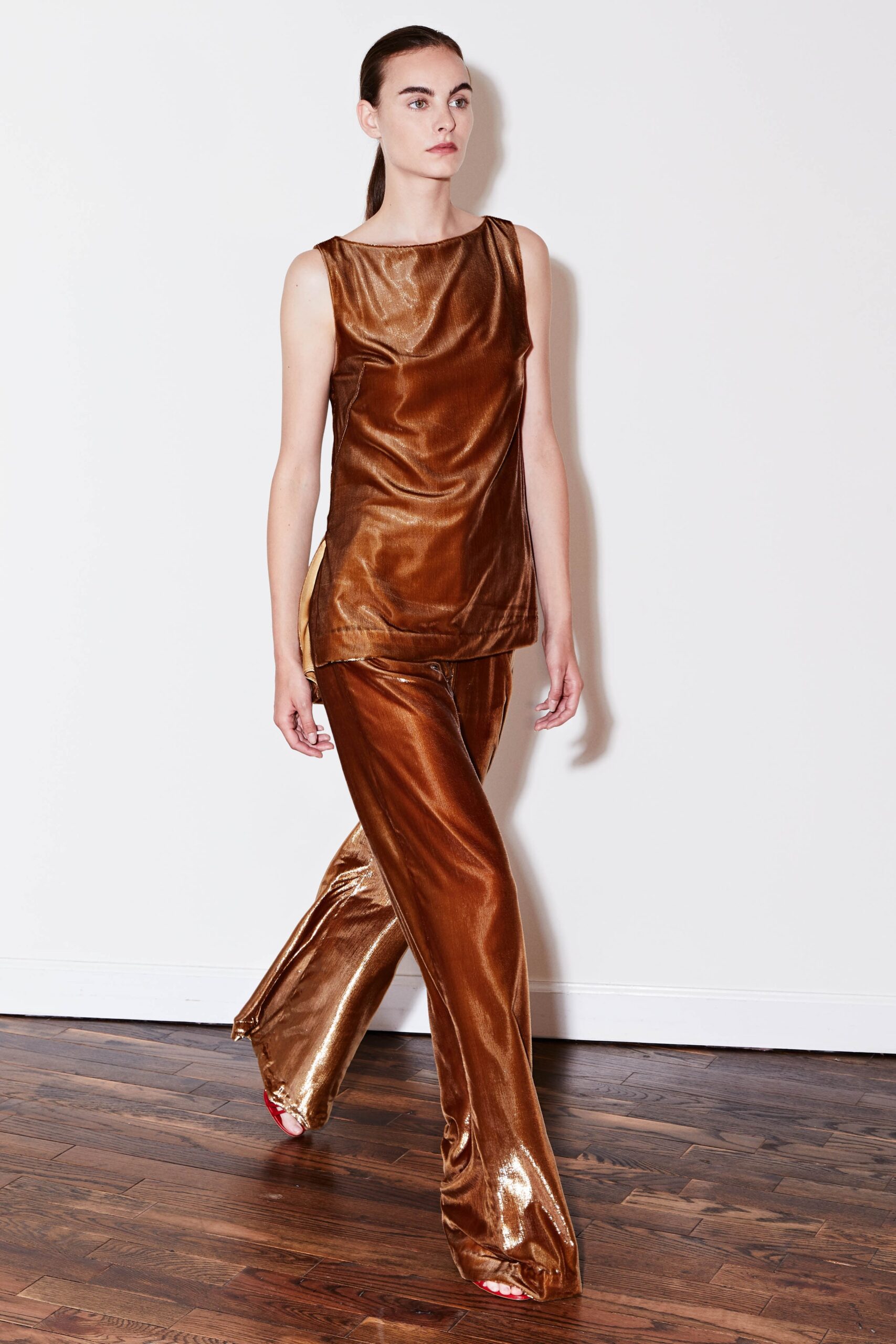 brown silk sleeveless high-neck fitted straight-leg shiny top