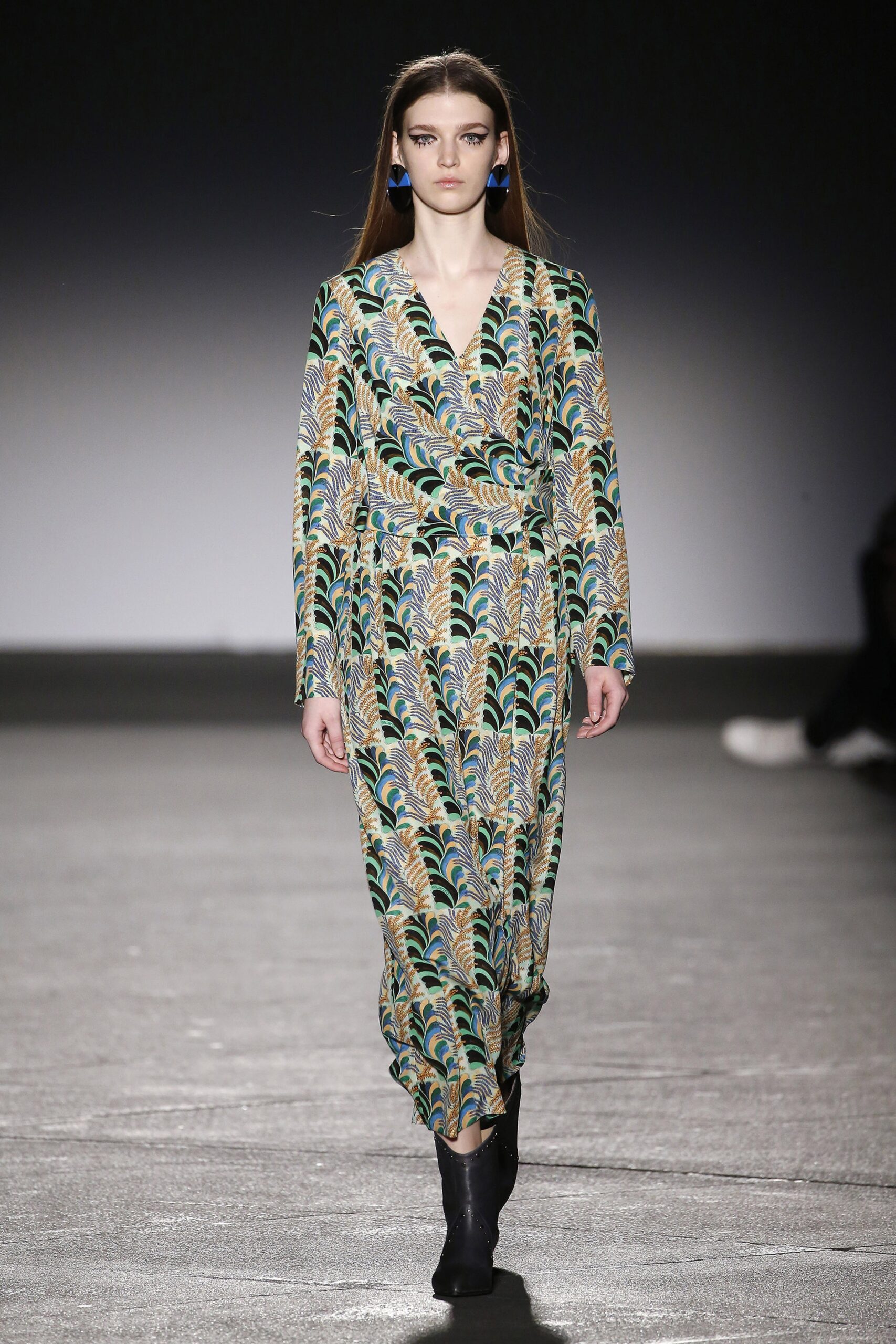 green blue gold printed midi dress