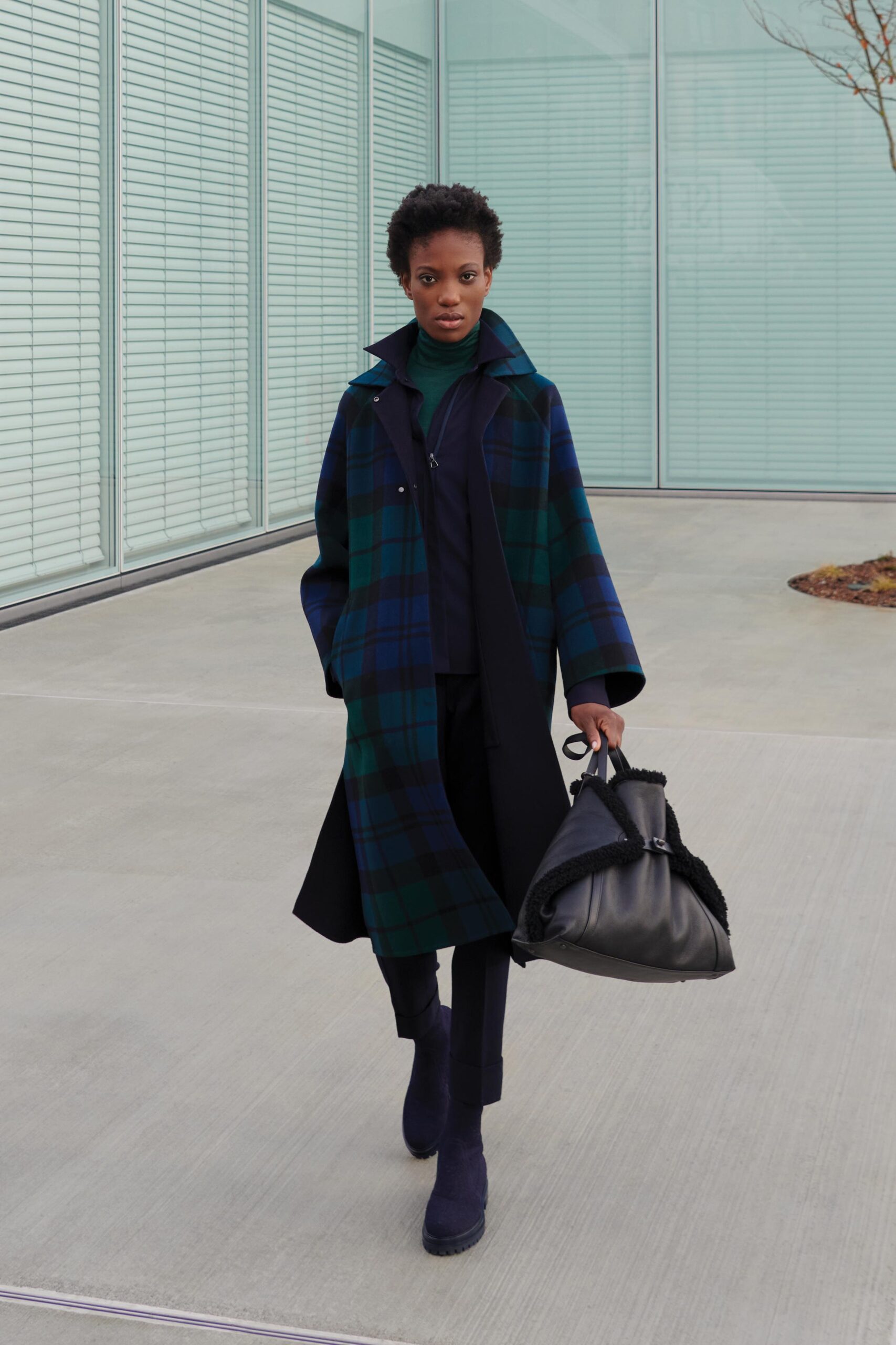 plaid coat with green turtleneck