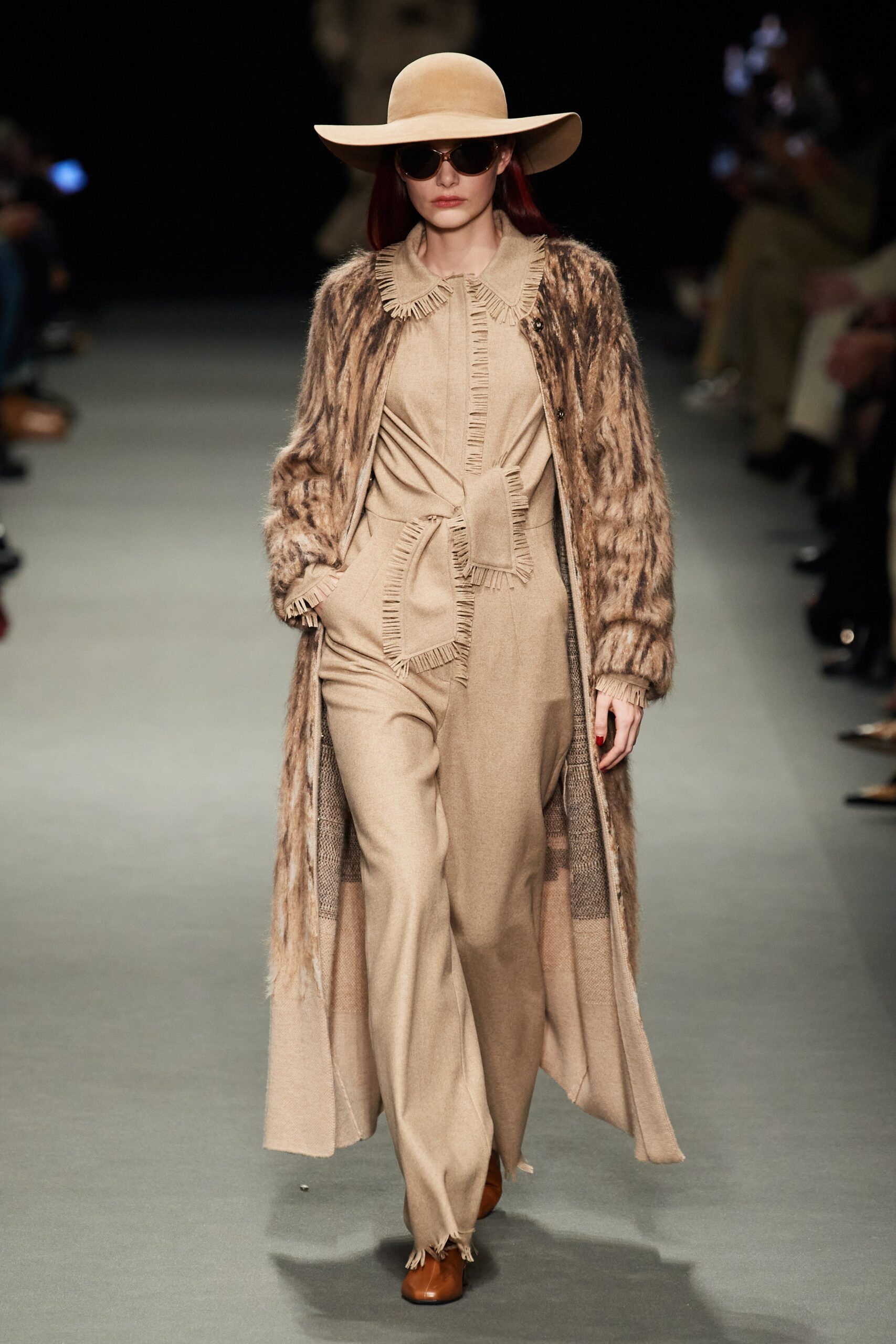 brown fur coat beige jumpsuit