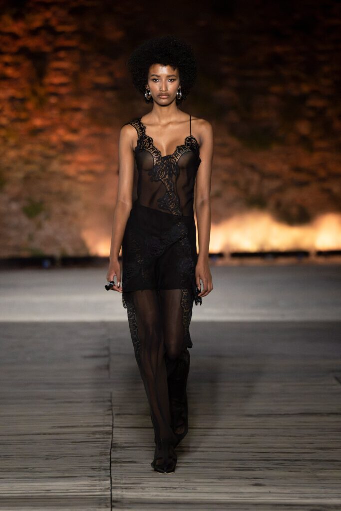 A fitted black sheer dress with intricate embroidery, featuring a sleeveless design and V-neckline.