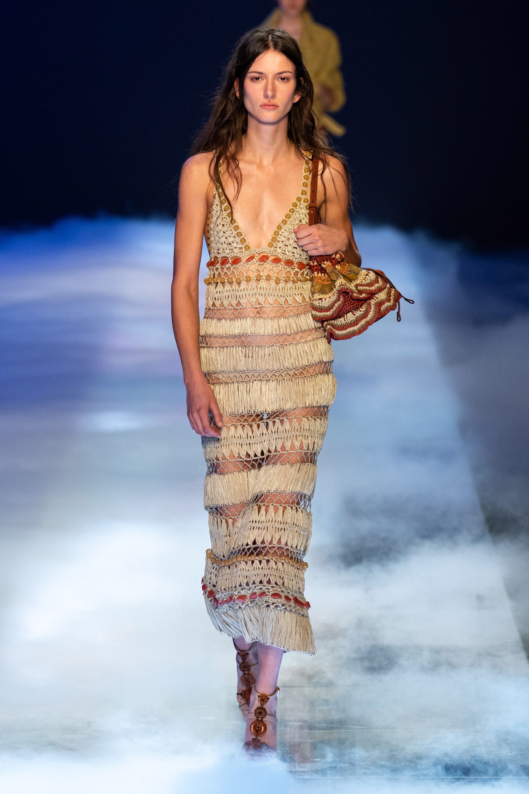 fringed beige maxi dress with bag