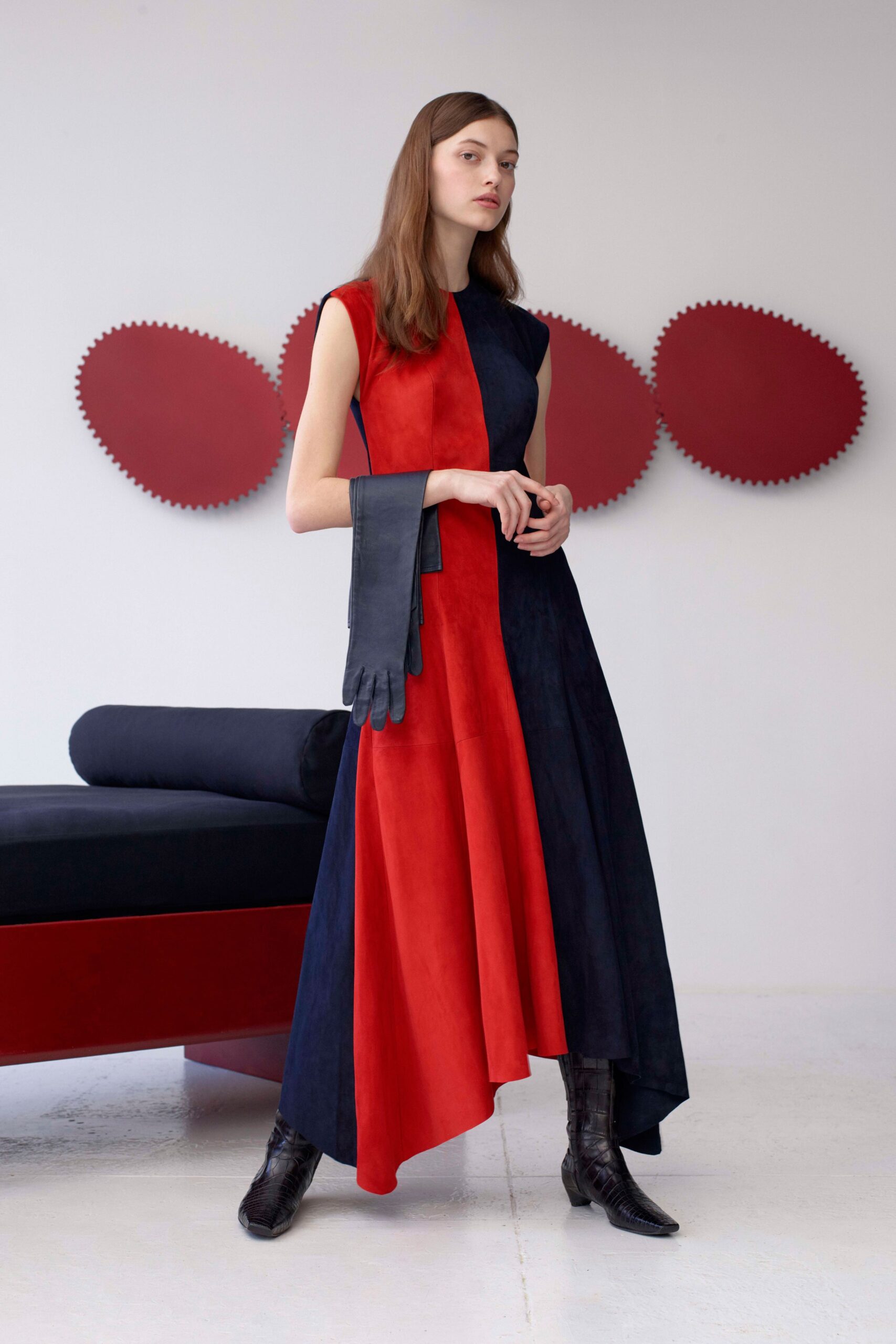 asymmetric red and black dress with gloves