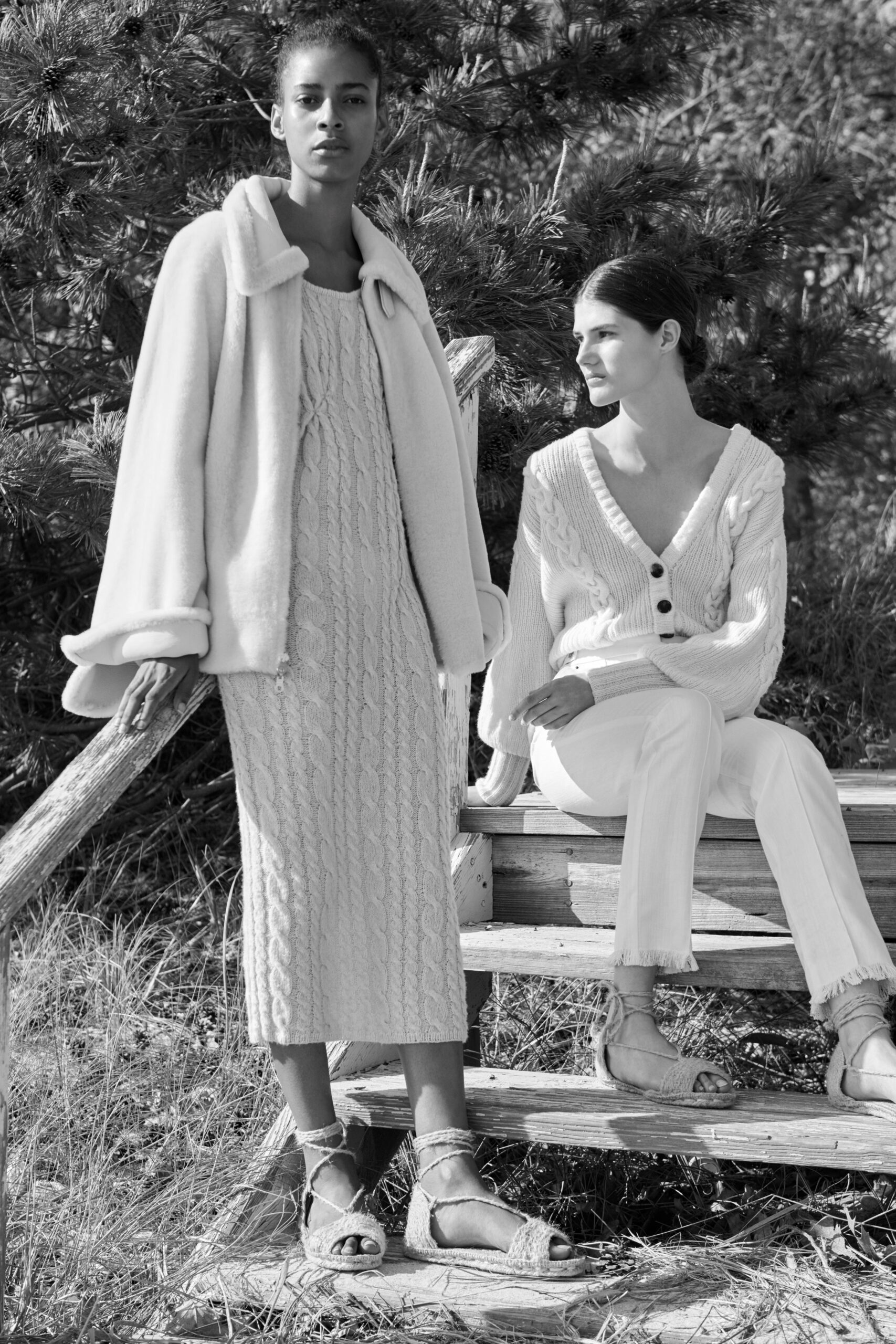 white wool coat and beige midi dress