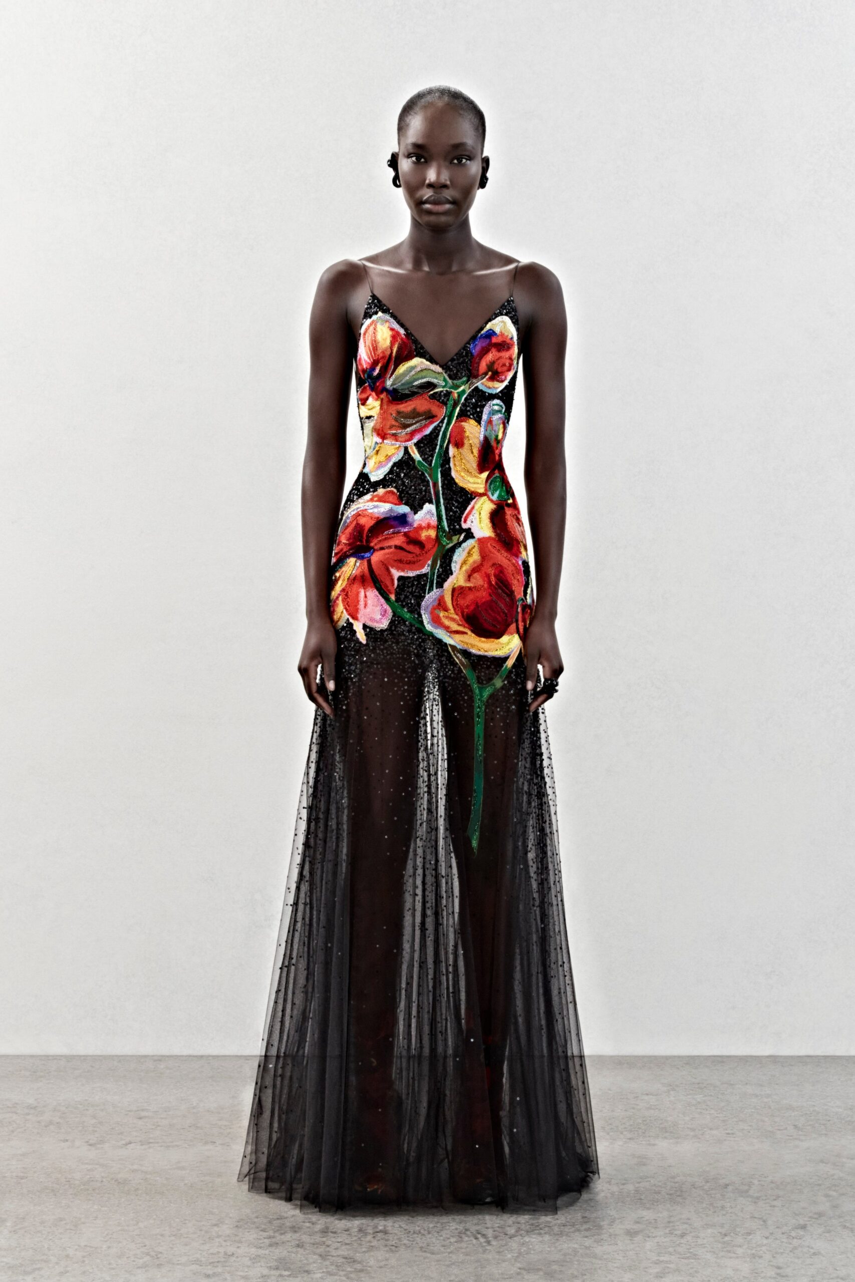 black multi-colored floral gown