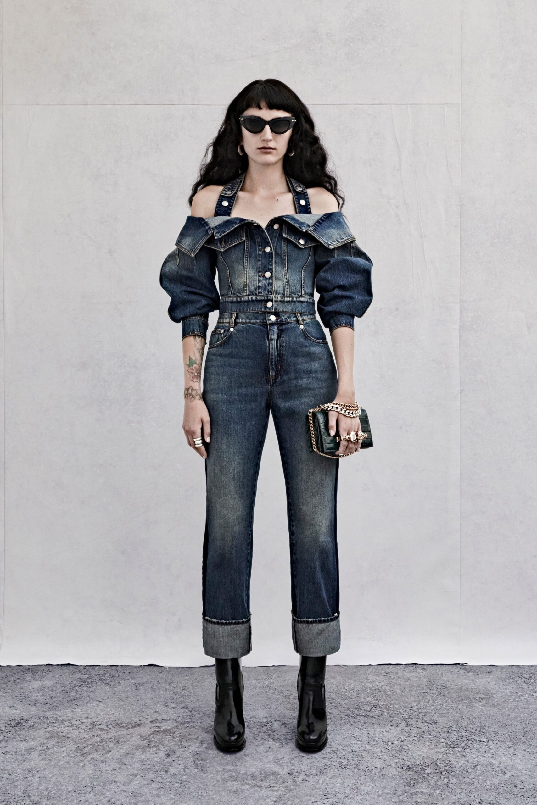 blue denim sleeveless collared fitted buttoned flared jumpsuit