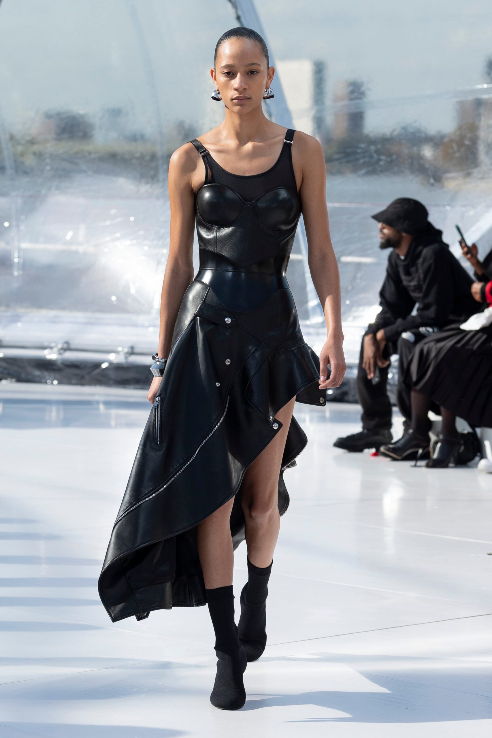 black leather fitted dress