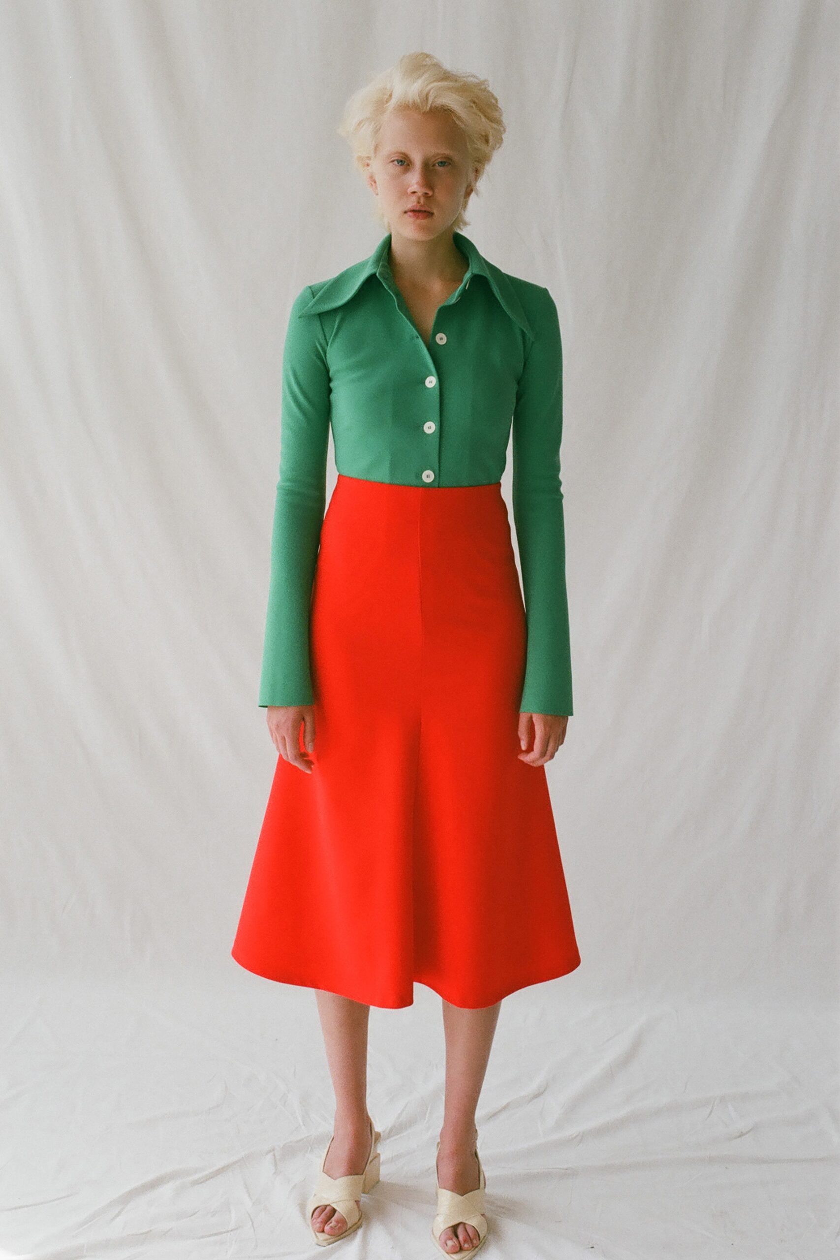 red fitted a-line midi skirt