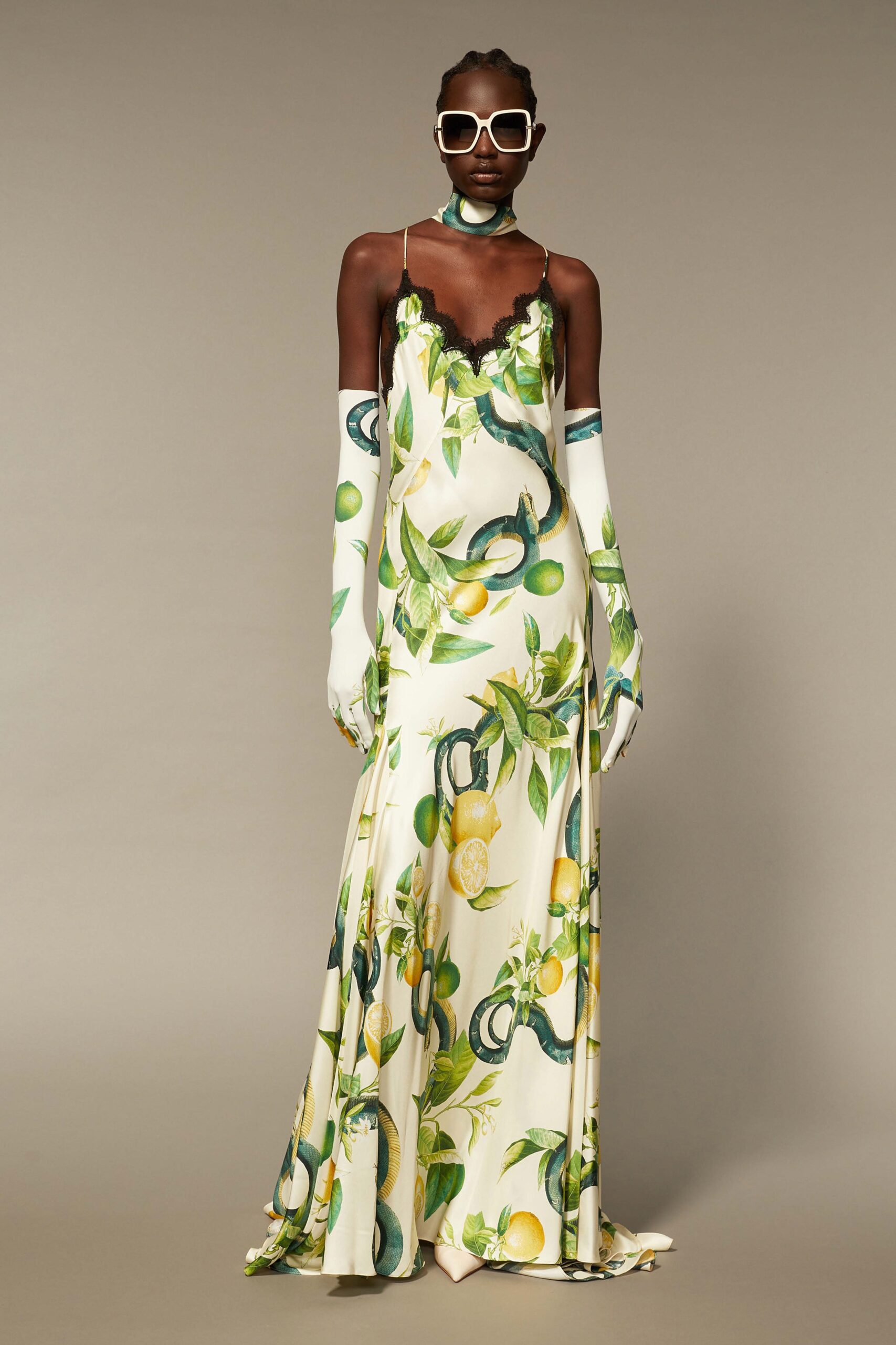 white silk floral gown