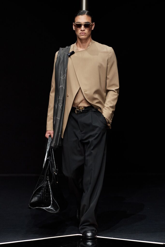 beige blazer black pants