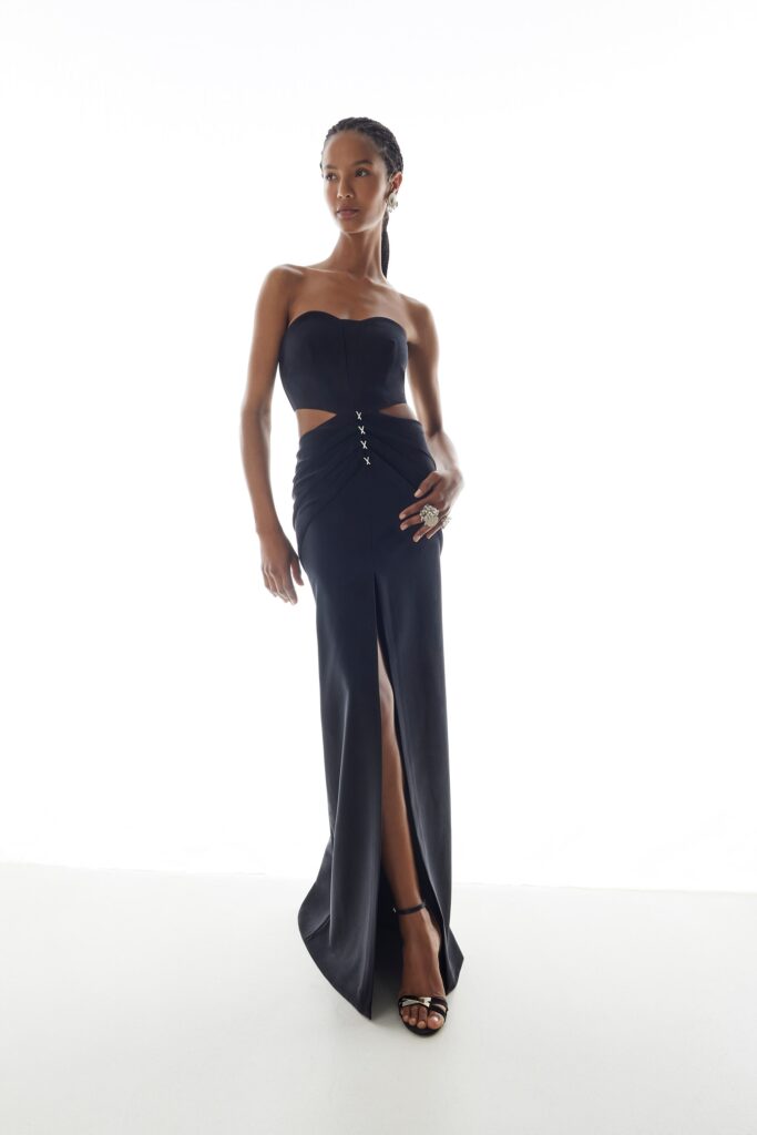 black silk strapless gown