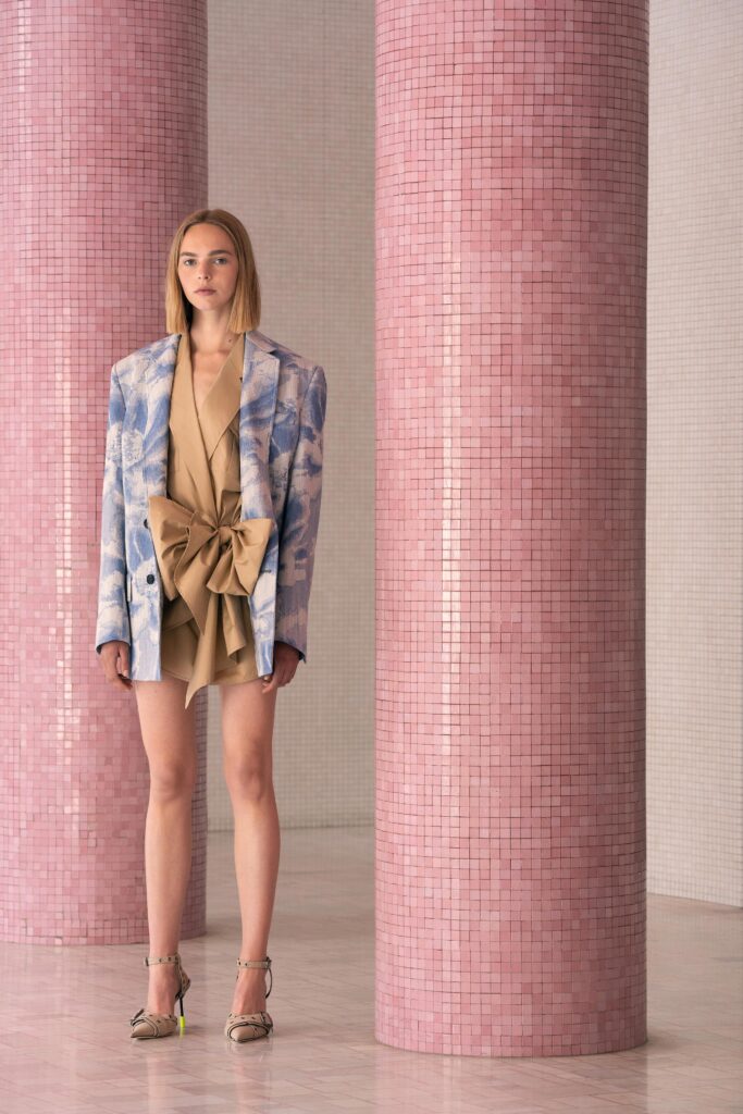 blue printed blazer beige mini dress