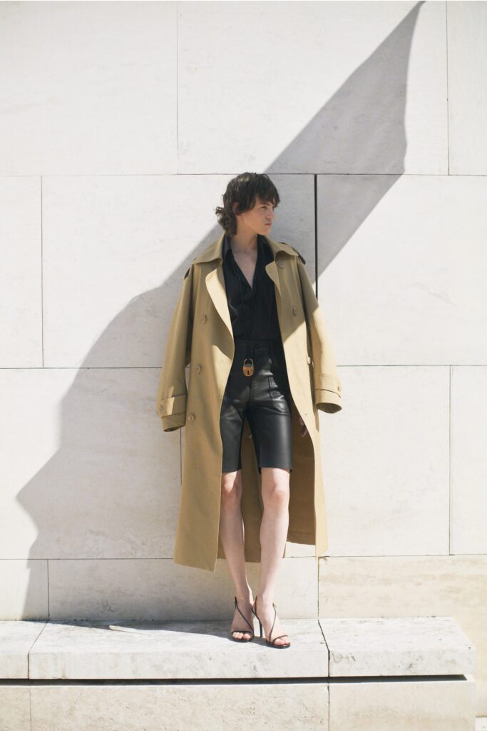 beige oversized coat with black outfit