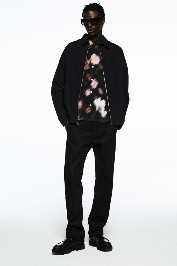 black relaxed jacket with printed shirt