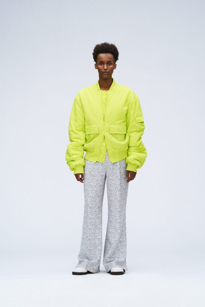 oversized yellow jacket with wide-leg pants