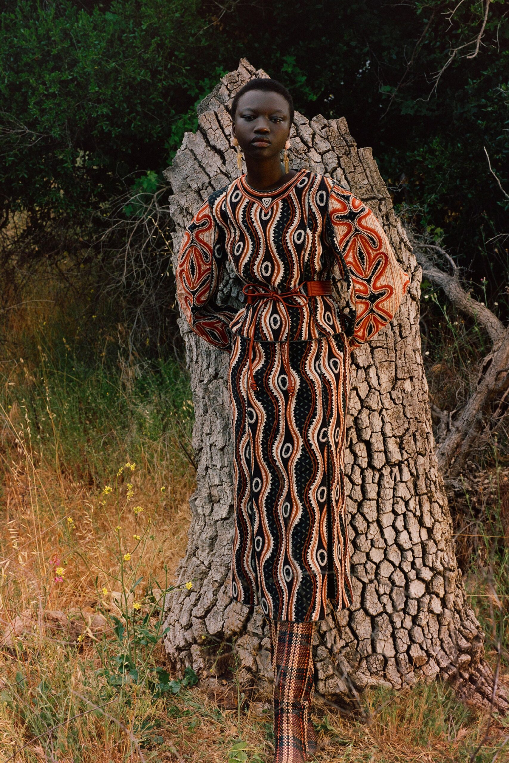 A fitted multicolor printed dress with long sleeves and a high neckline.