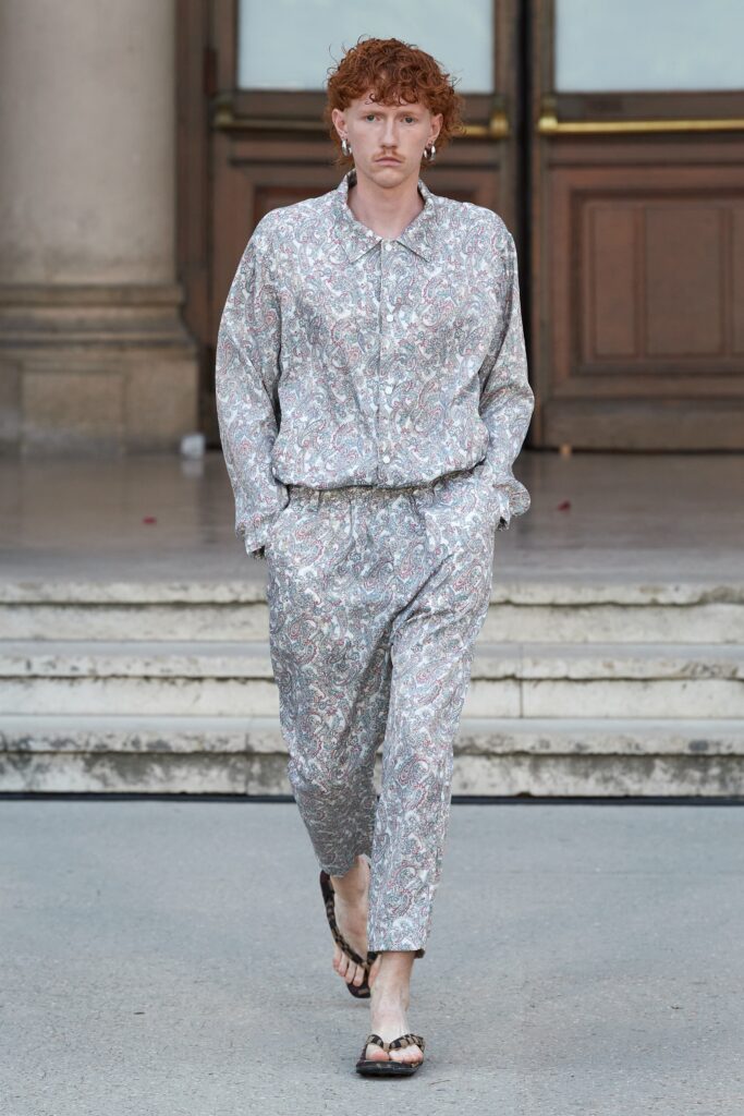 A relaxed fit multicolor printed shirt with long sleeves and matching pants.