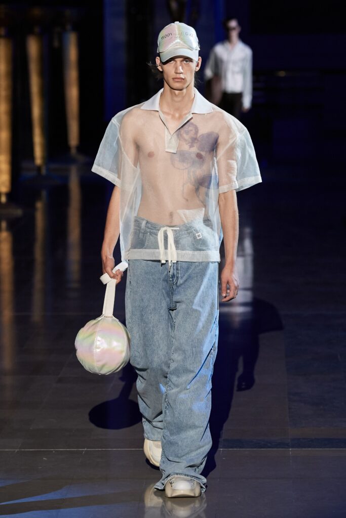 sheer mesh shirt with denim pants