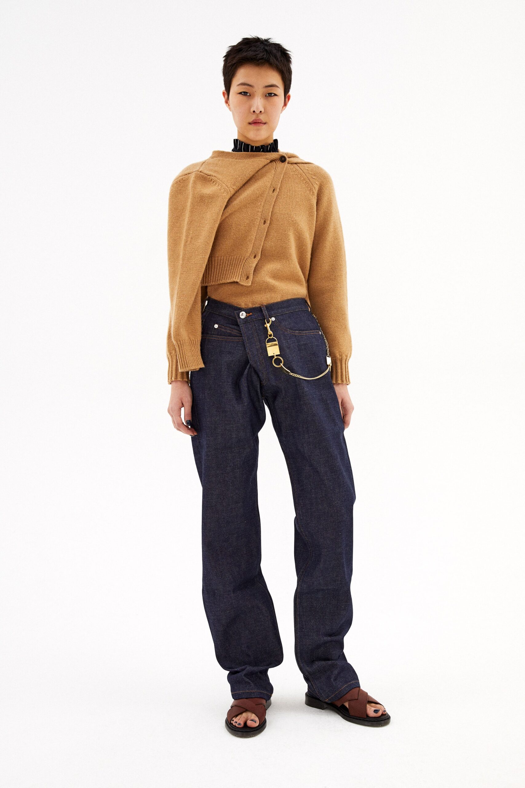 brown wool fitted sweater with denim pants