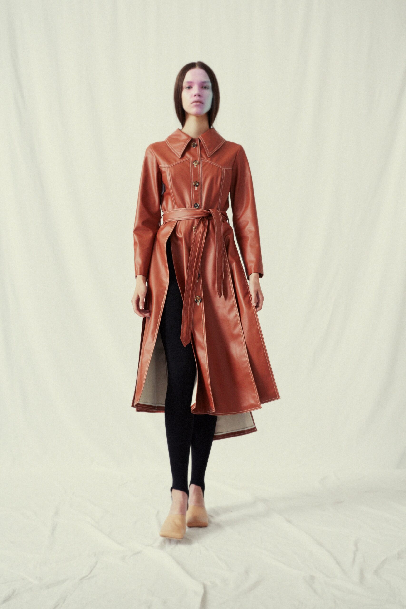 brown leather belted coat