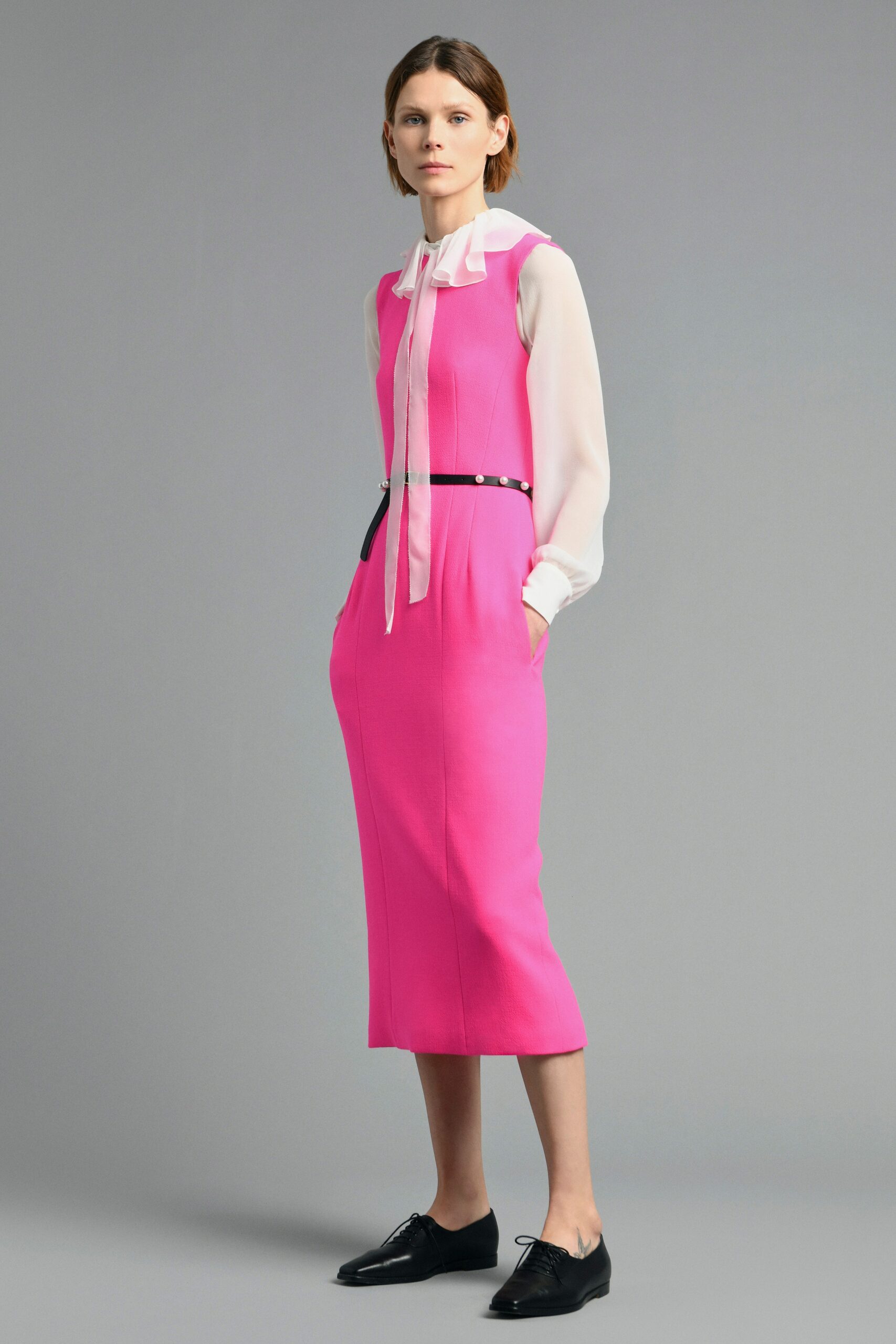 pink cotton long-sleeve v-neck fitted pencil midi dress