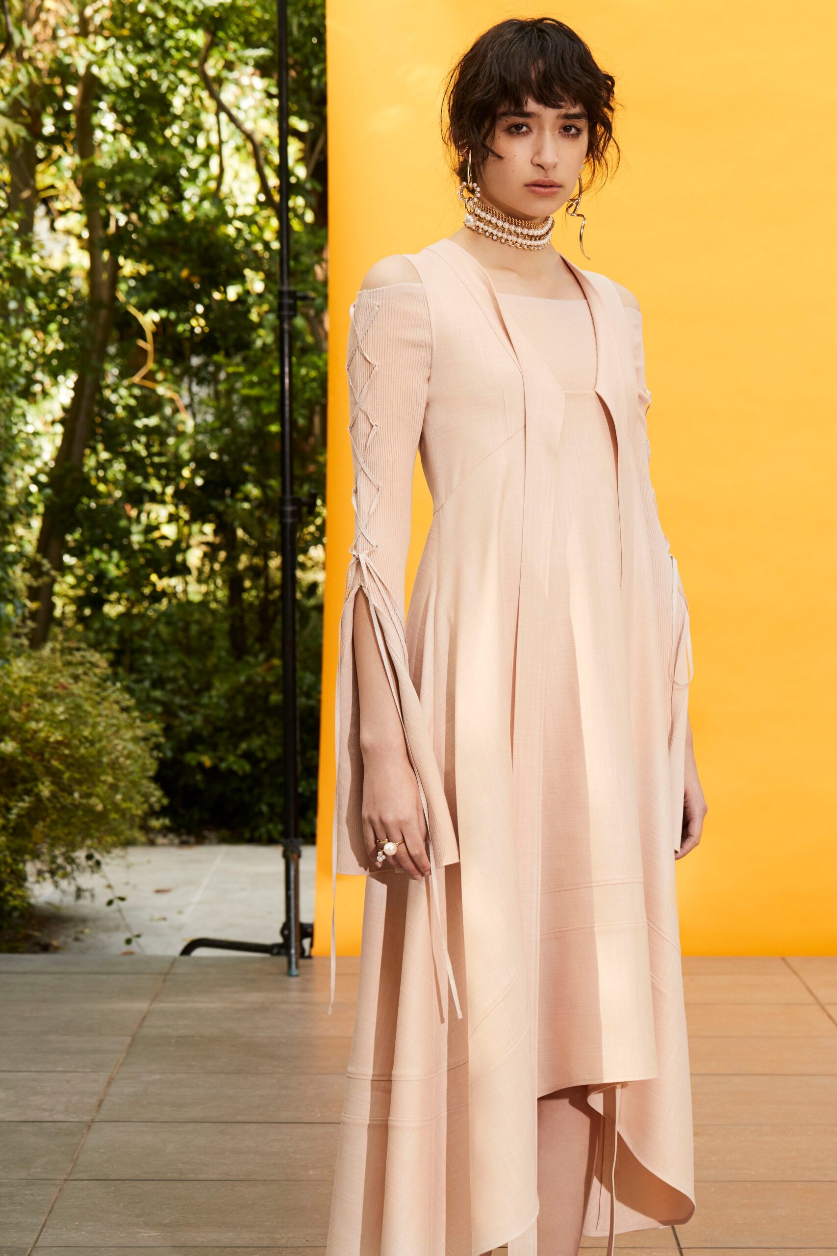 pink fitted long-sleeve dress