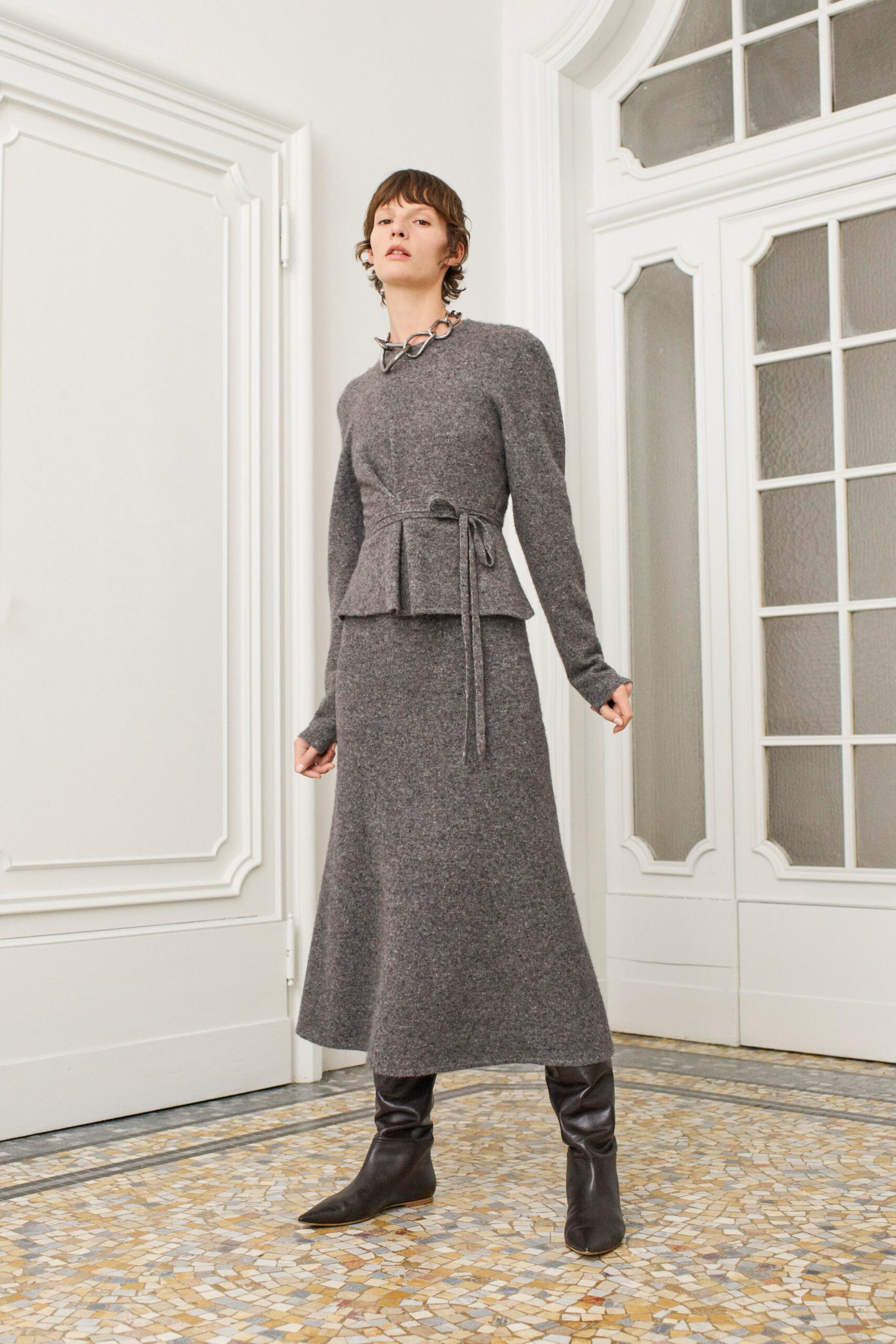 gray wool long-sleeve collared fitted belted top