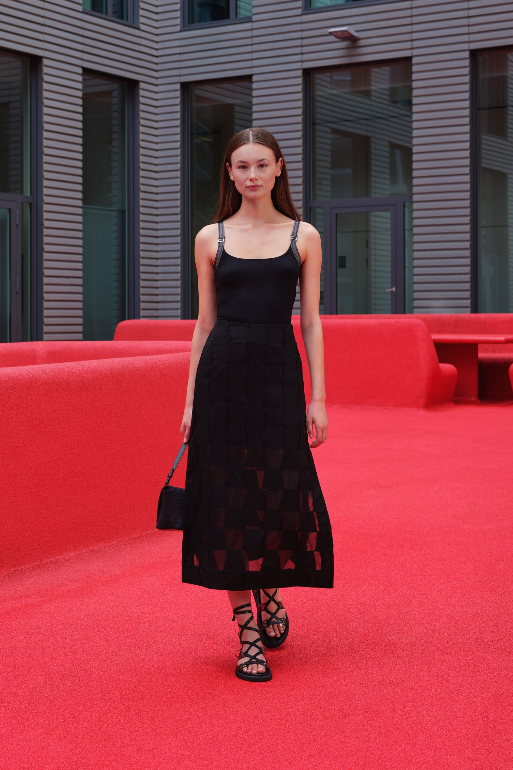 black cotton fitted tiered midi skirt
