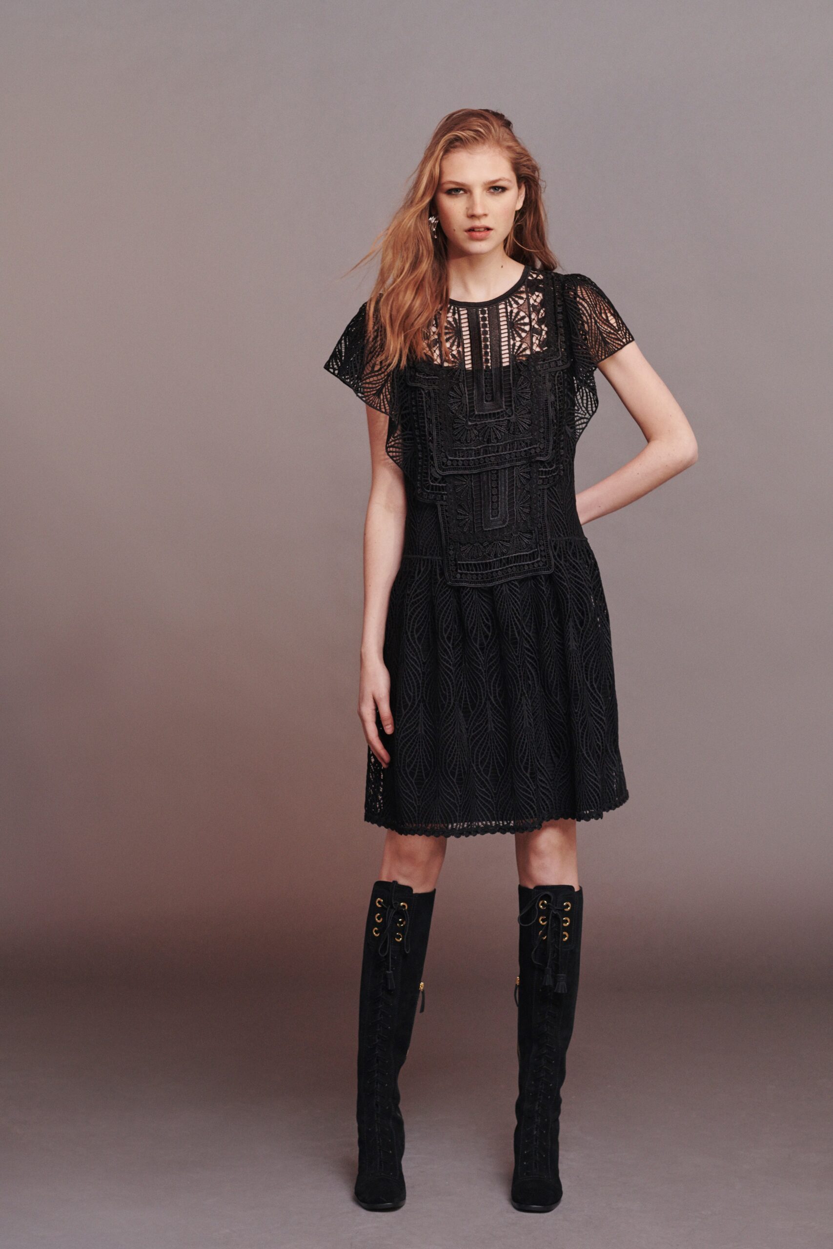 black lace mini dress with boots