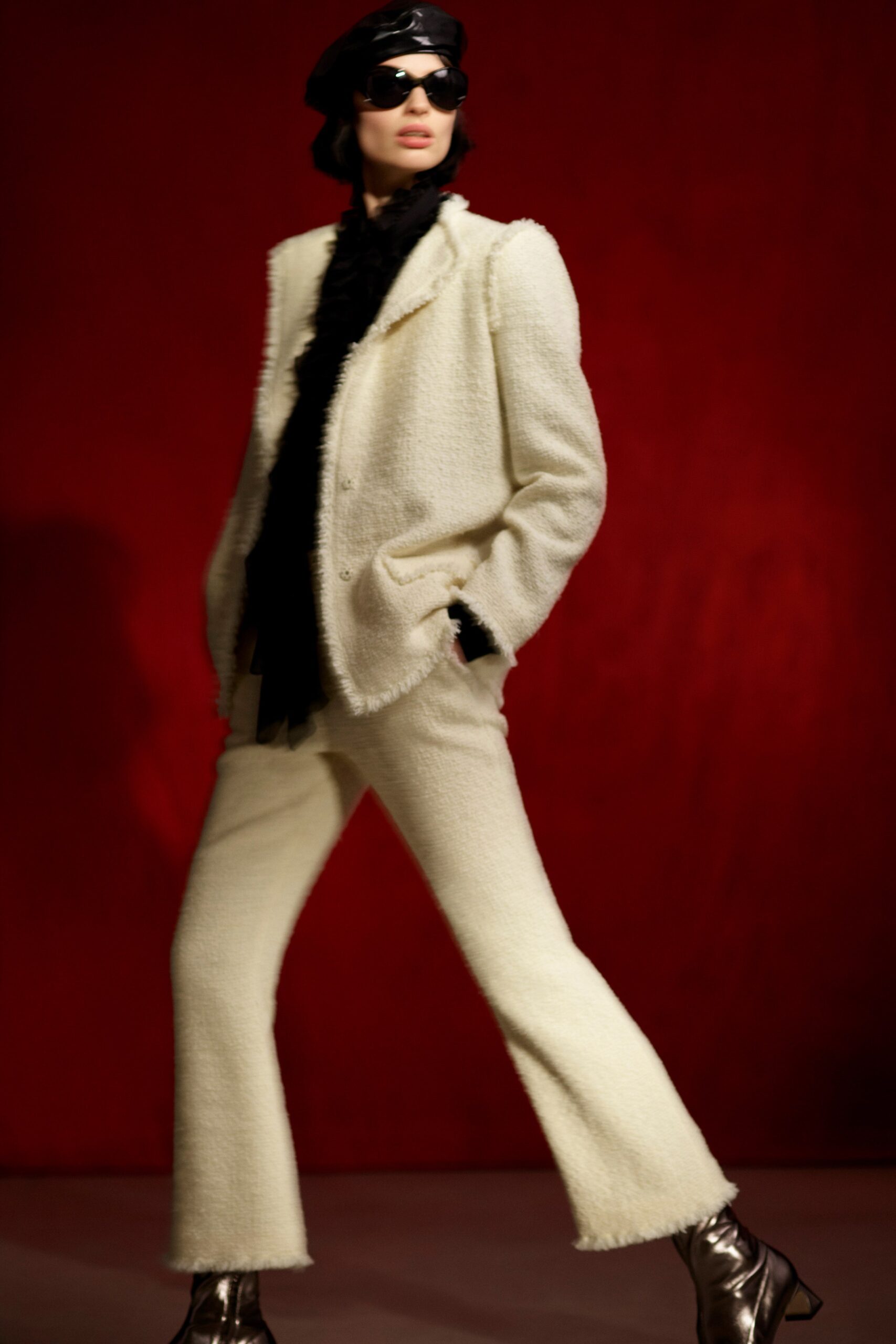 white tweed long-sleeve collared tailored buttoned flared suit