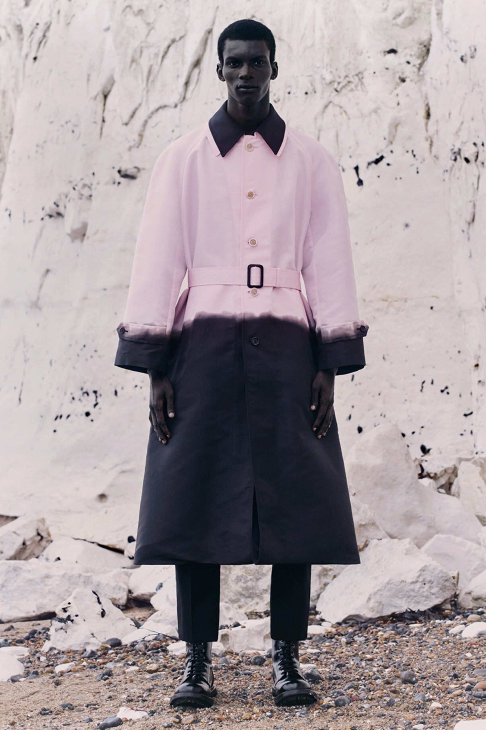 pink and black color-blocked coat