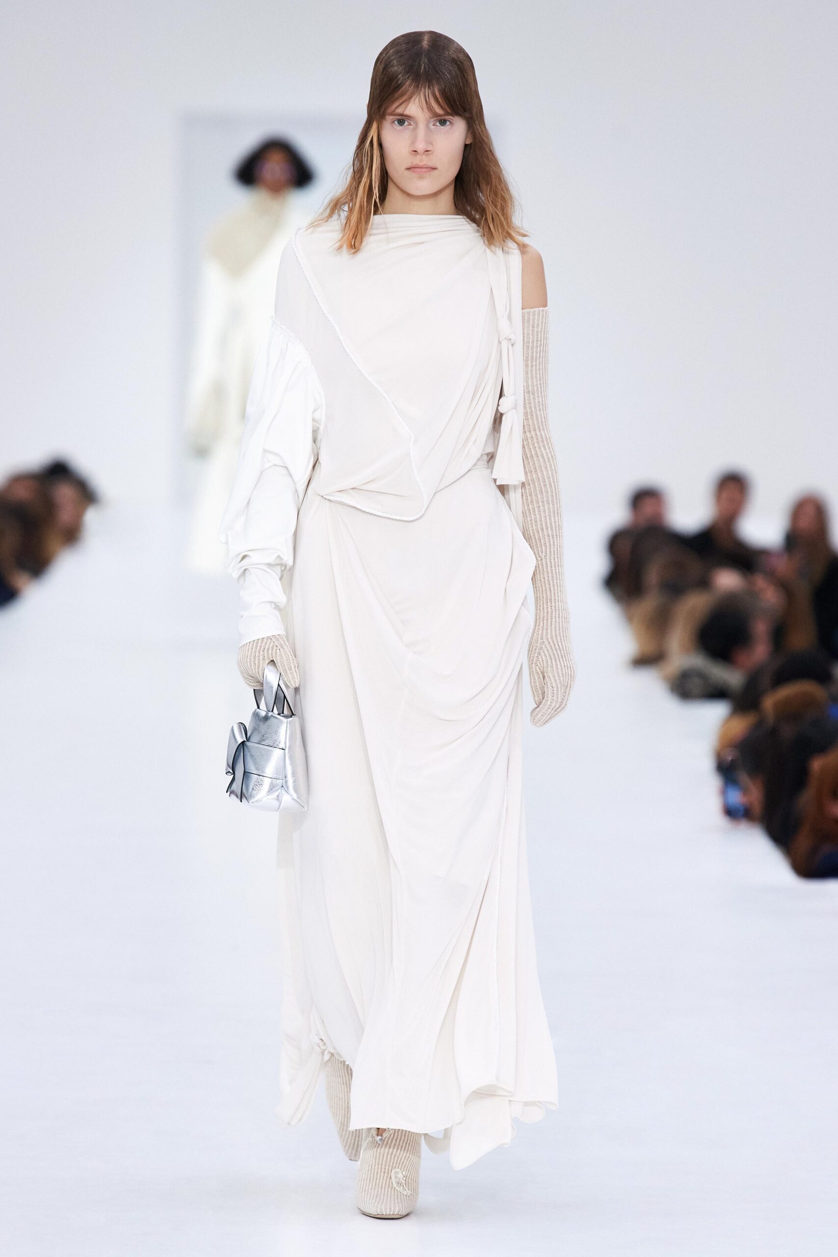 white cotton long-sleeve off-shoulder relaxed draped maxi dress